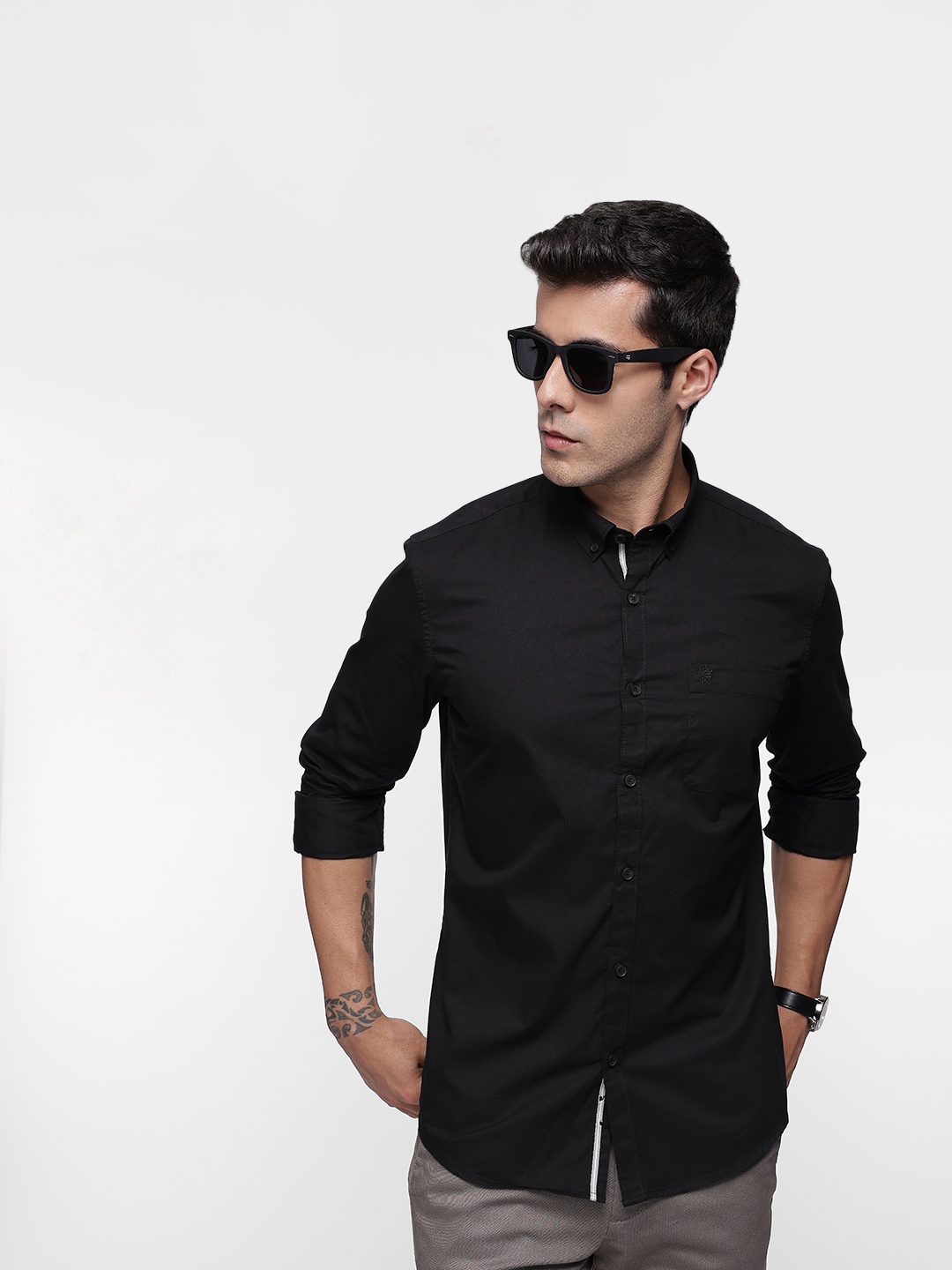 

French Connection Pure Cotton Button-Down Collar Slim Fit Casual Shirt, Black