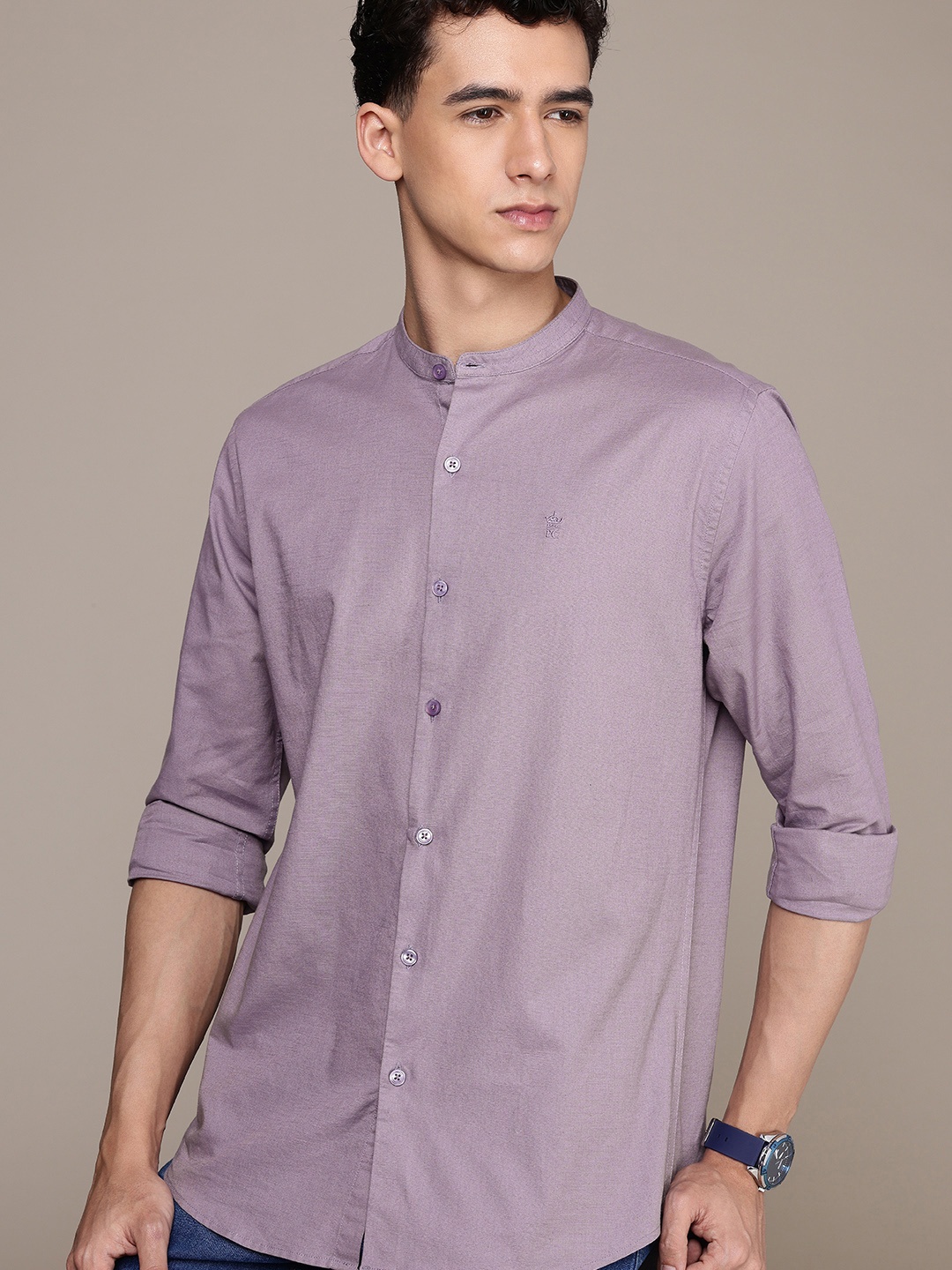 

French Connection Pure Cotton Slub Band Collar Slim Fit Casual Shirt, Purple