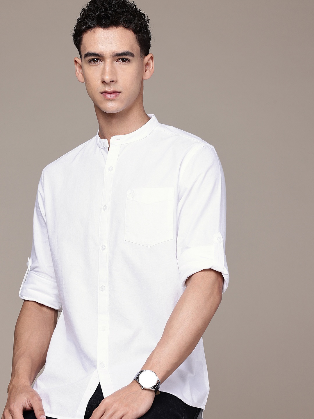 

French Connection Pure Cotton Slim Fit Roll-Up Sleeves Casual Shirt, White