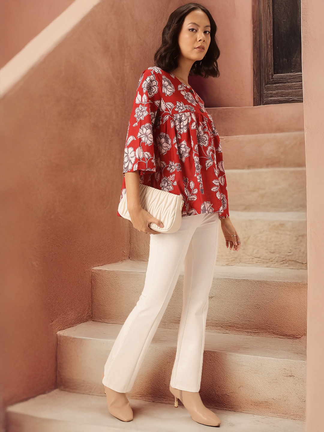 

Routes by All About You Floral Print Cotton Top, Red