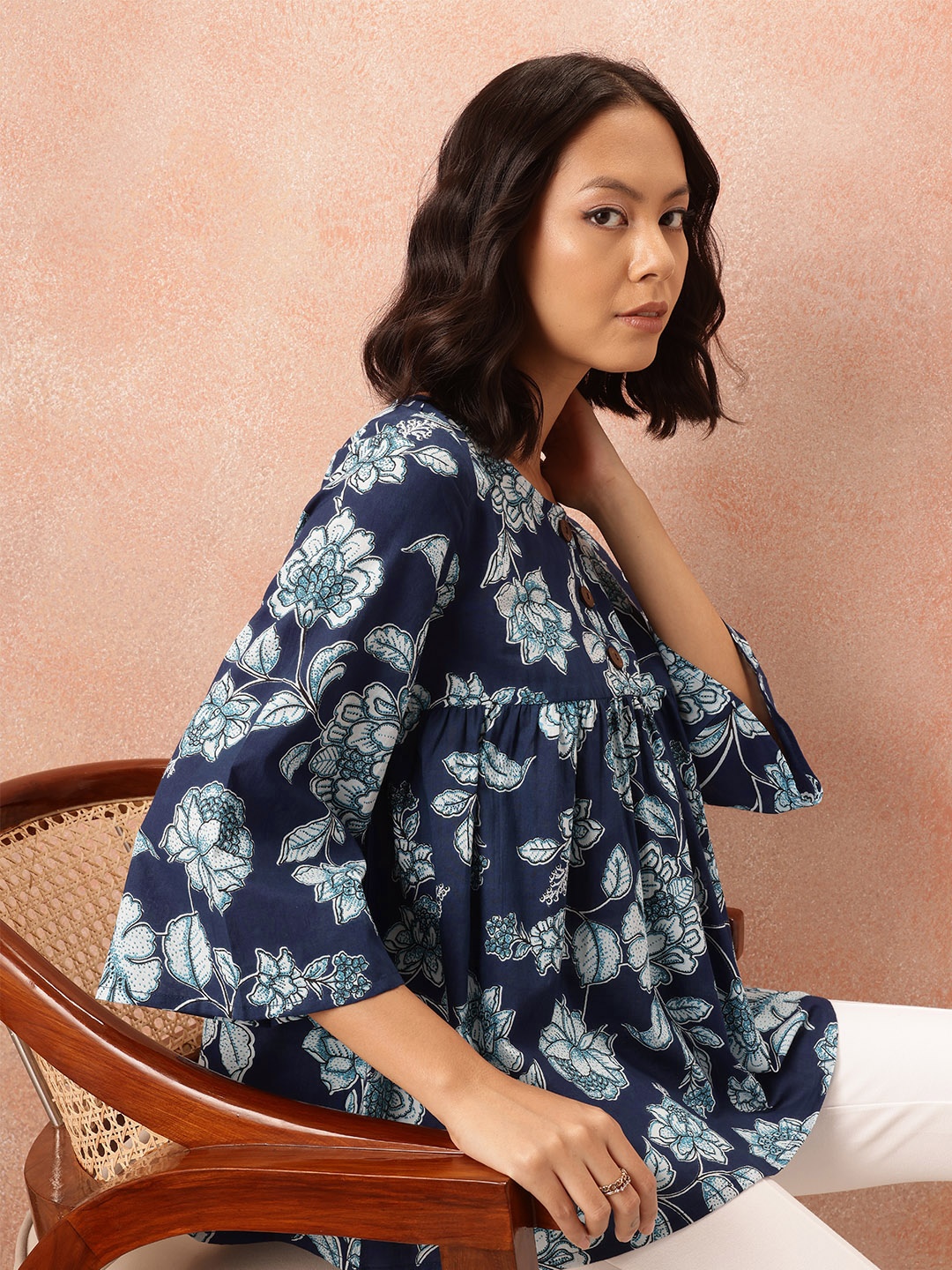 

Routes by All About You Floral Print Cotton Top, Navy blue