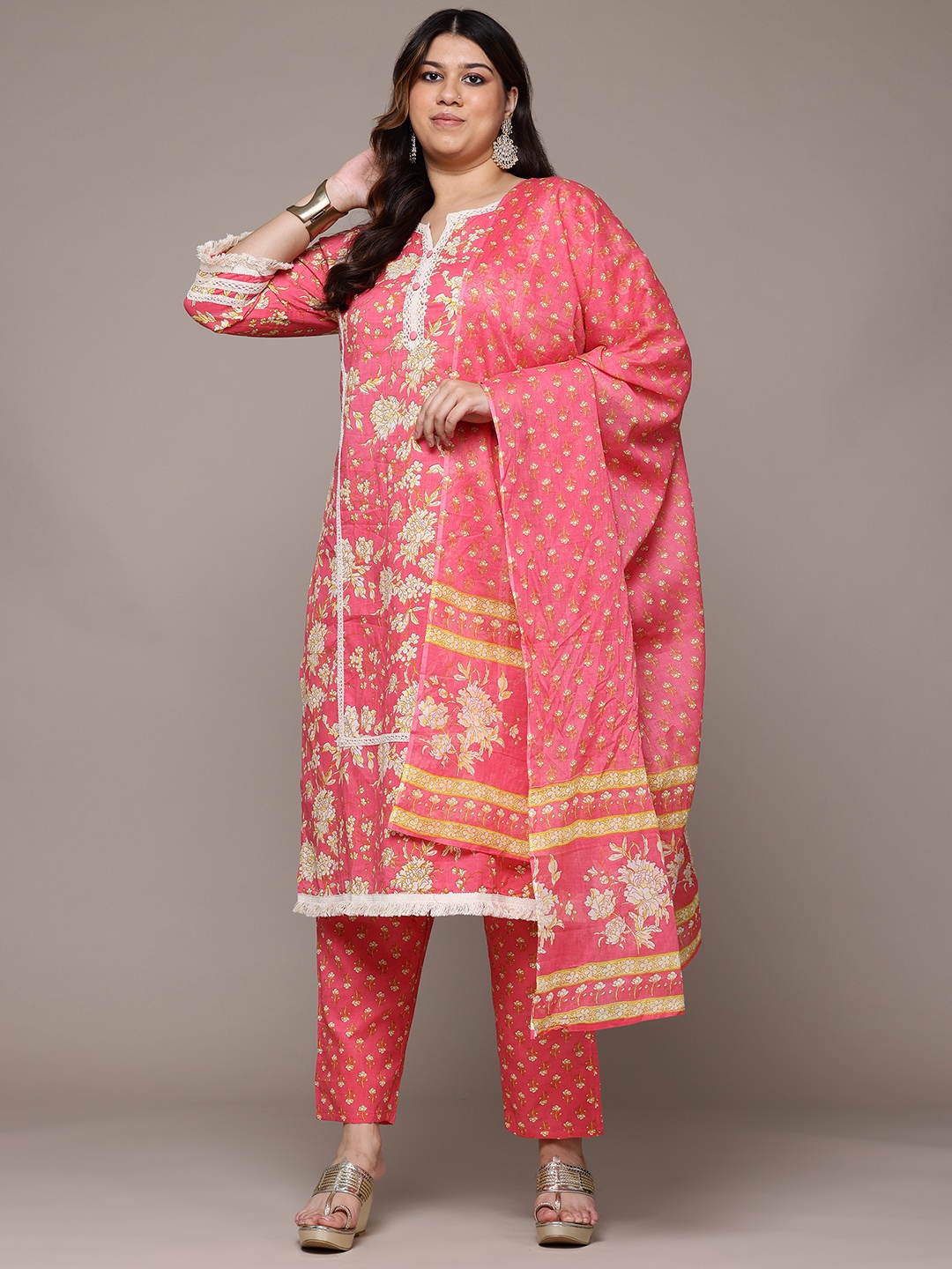 

Readiprint Fashions Plus Size Floral Printed Sequinned Pure Cotton Kurta Set, Pink