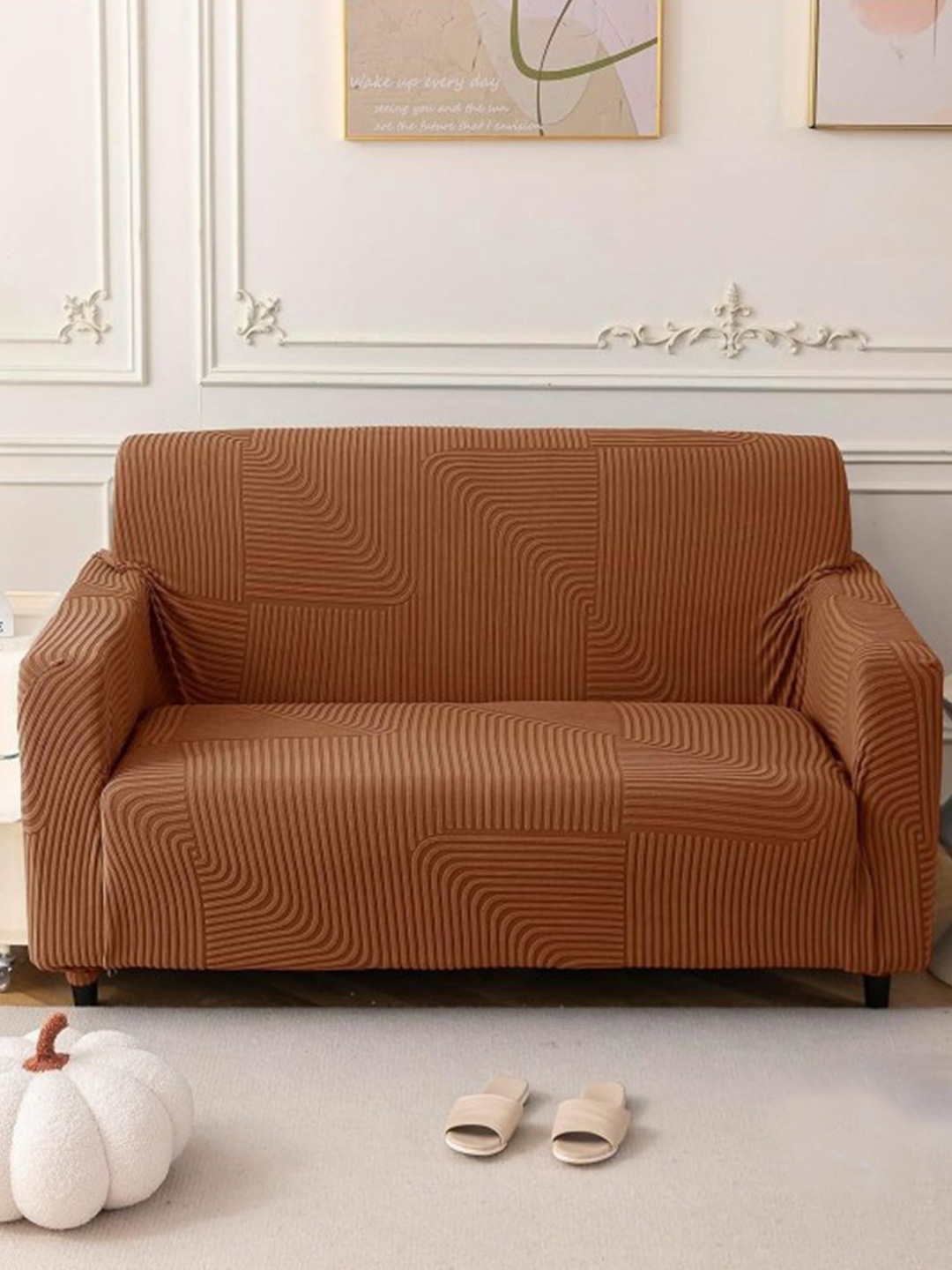 

HOUSE OF QUIRK Brown Jacquard Soft Touching 4 Seater Sofa Cover, Camel brown