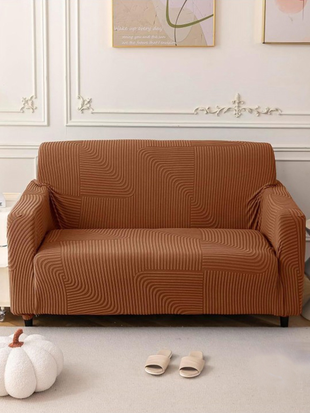 

HOUSE OF QUIRK Camel Brown Jacquard Soft Touching 5 Seater Sofa Cover