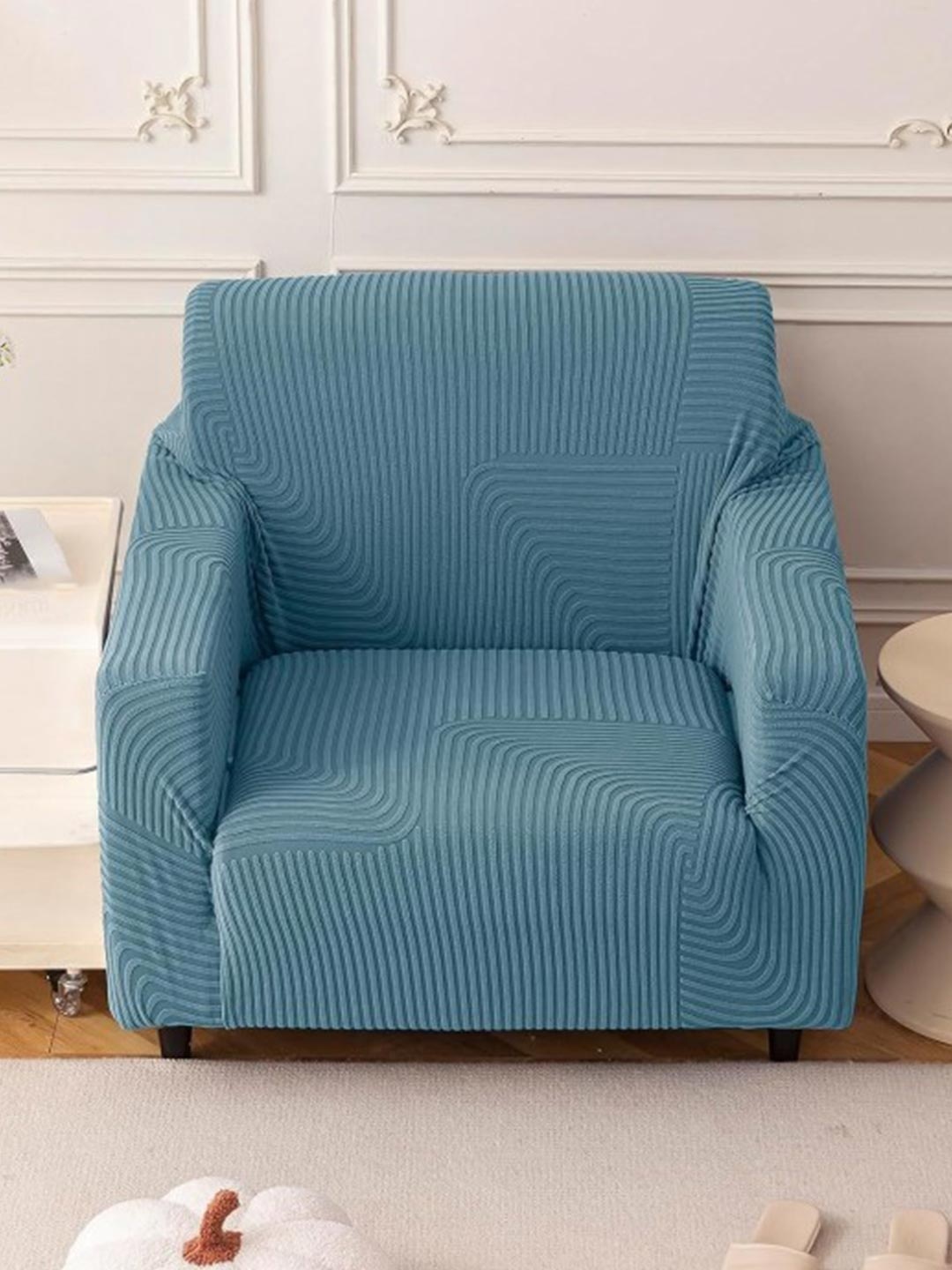 

HOUSE OF QUIRK Blue Self Design Jacquard Soft Touching 1 Seater Sofa Cover