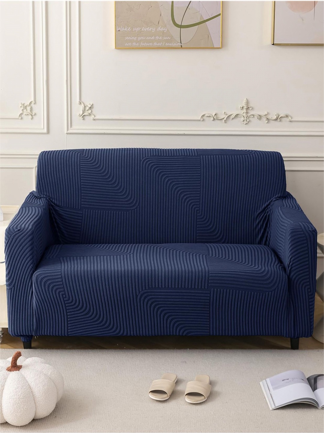

HOUSE OF QUIRK Navy Blue Self Design Jacquard Soft Touching 2 Seater Sofa Cover