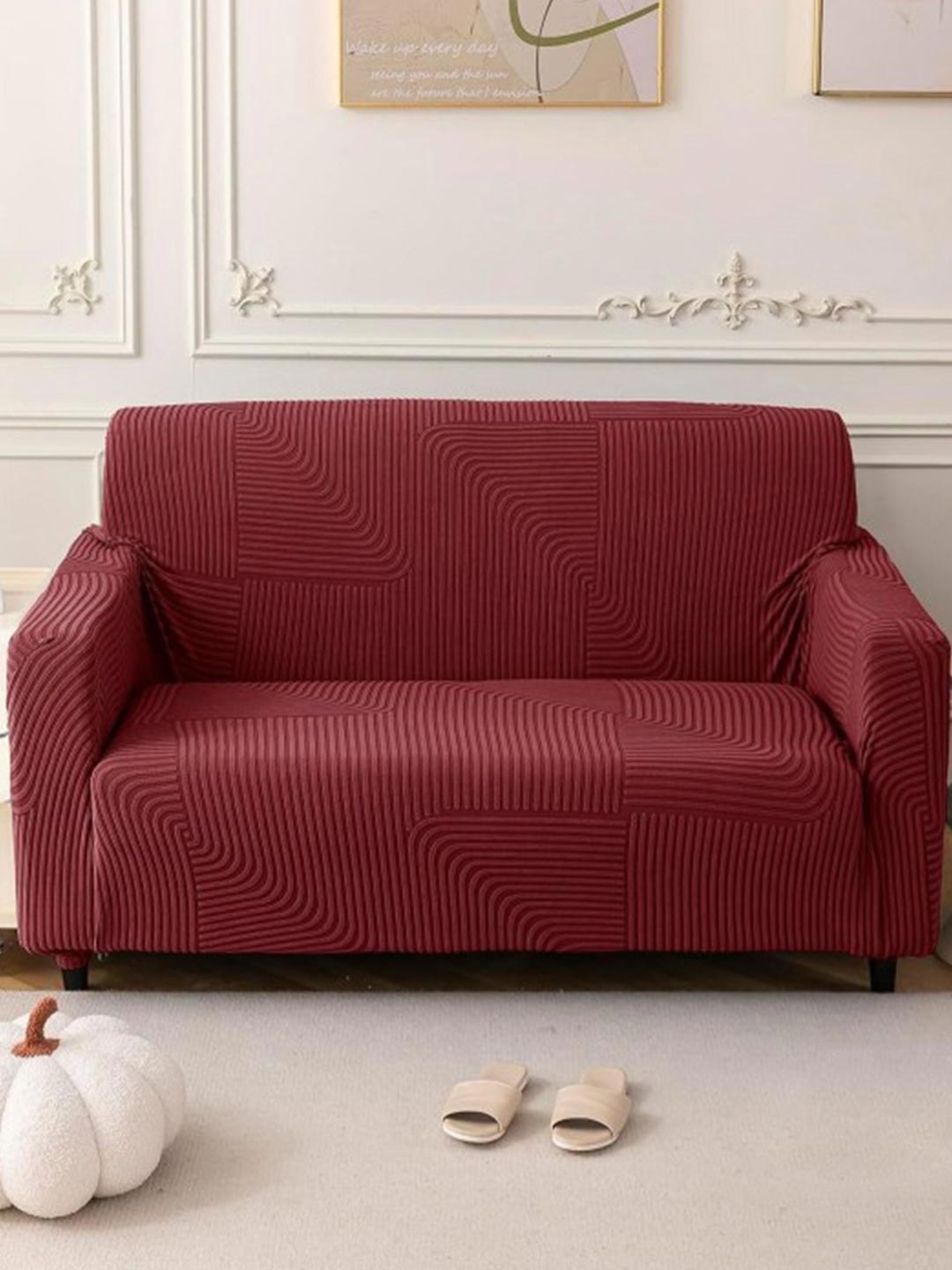 

HOUSE OF QUIRK Maroon Self Design Jacquard Soft Touching 3 Seater Sofa Cover