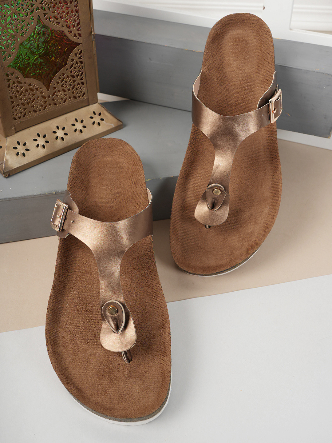 

MOZAFIA Women T-Strap Flats with Buckles, Gold