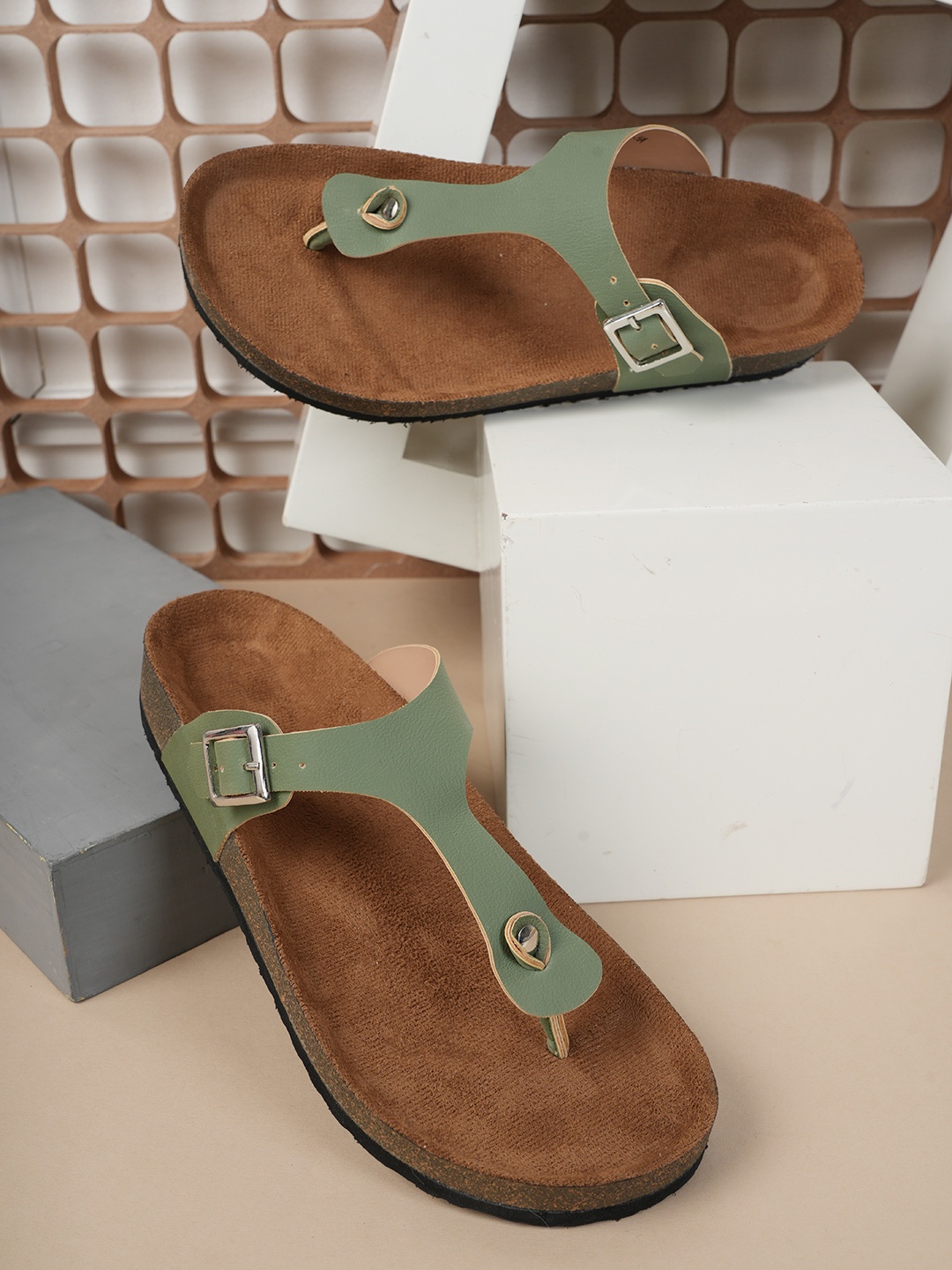 

MOZAFIA Women Open Toe Flats with Buckles, Green