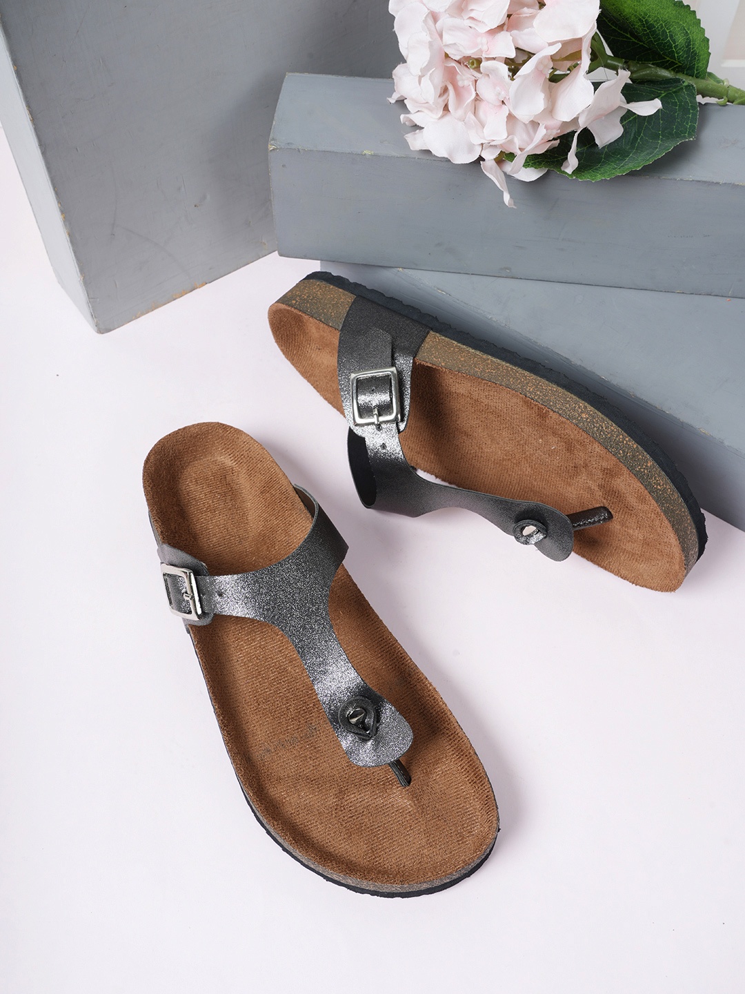 

MOZAFIA Women T-Strap Flats with Buckles, Grey