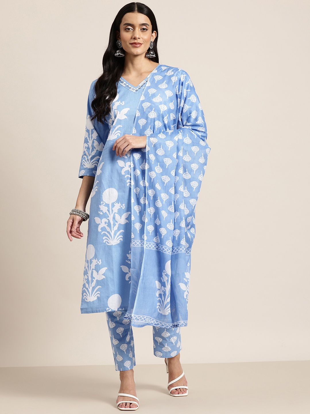 HERE&NOW Floral Printed Mirror Work Pure Cotton Kurta With Trousers & Dupatta, Blue