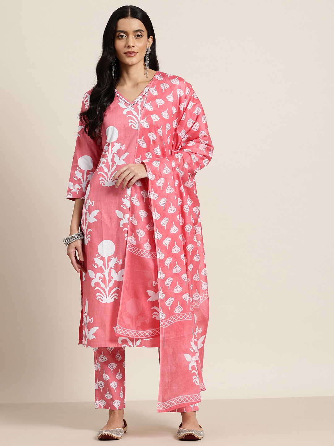 

HERE&NOW Floral Printed Mirror Work Pure Cotton Kurta With Trousers & Dupatta, Peach