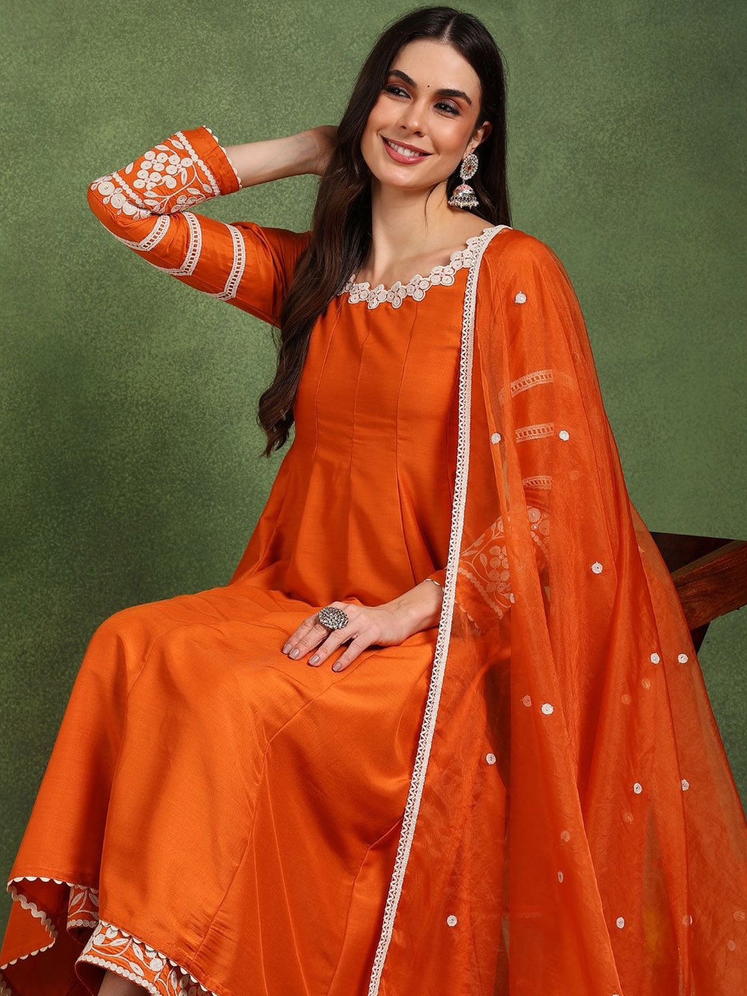 

AHIKA Round Neck Empire Thread Work Anarkali Kurta with Palazzos & Dupatta, Orange