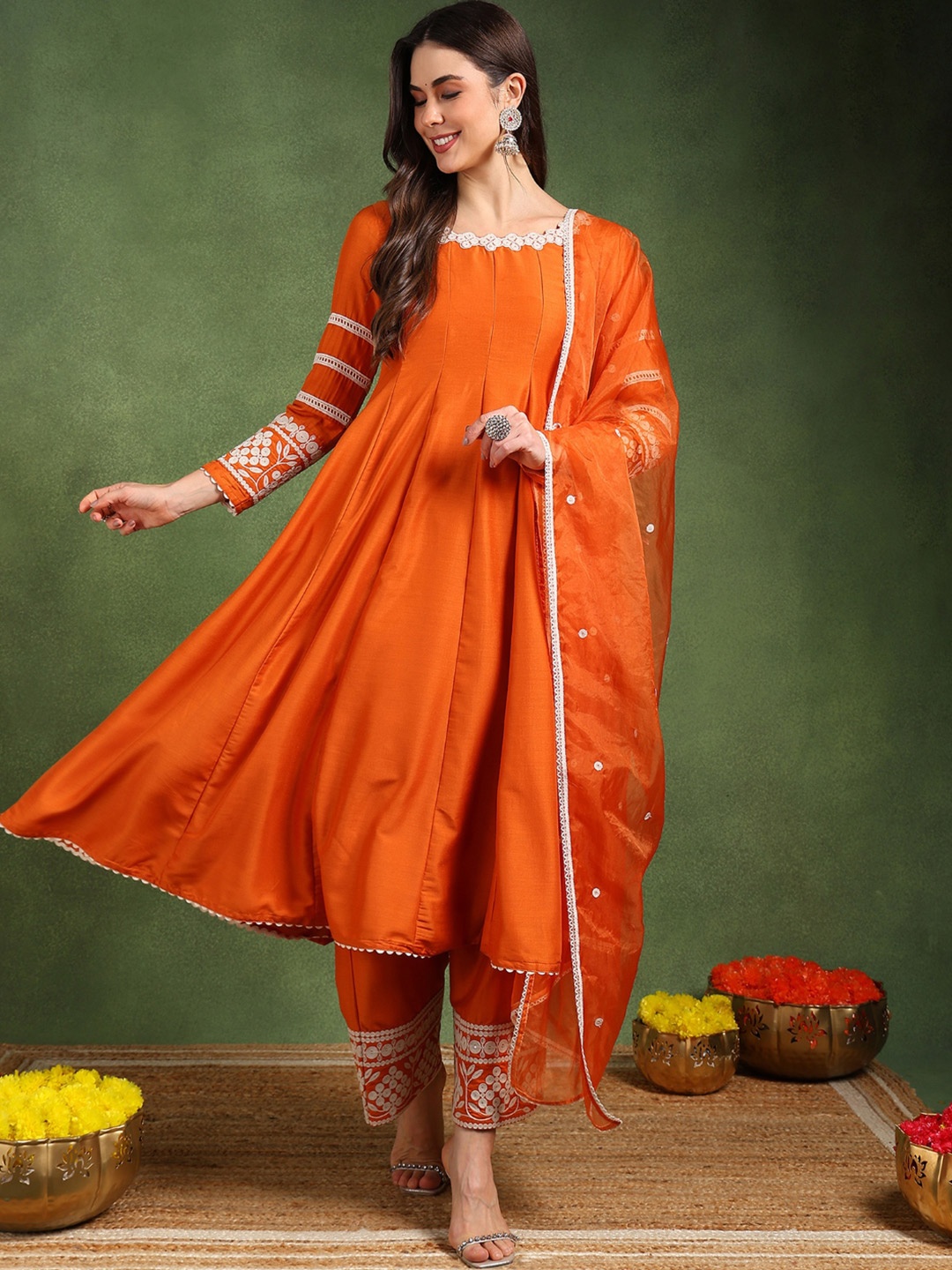 

AHIKA Round Neck Empire Thread Work Anarkali Kurta with Palazzos & Dupatta, Orange