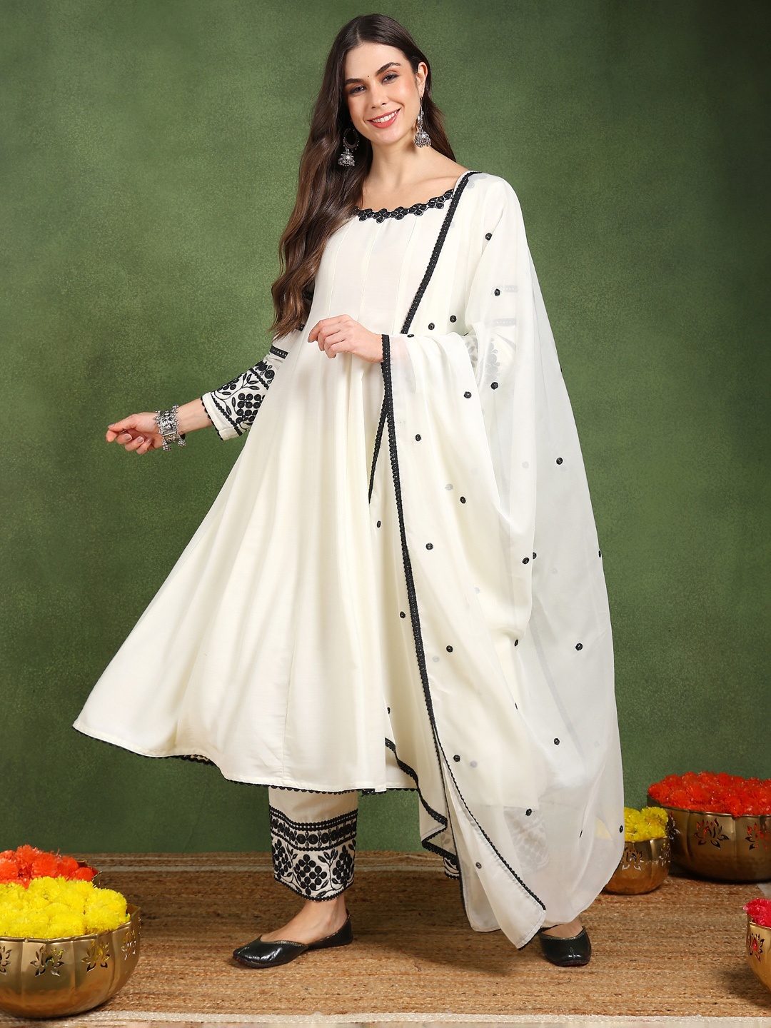 

KALINI Floral Embroidered Anarkali Kurta with Palazzos, White