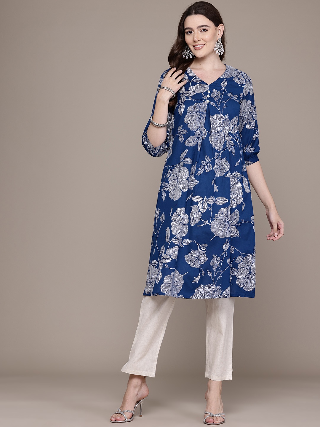 

Readiprint Floral Printed Pleated Pure Cotton Kurta with Trousers, Navy blue