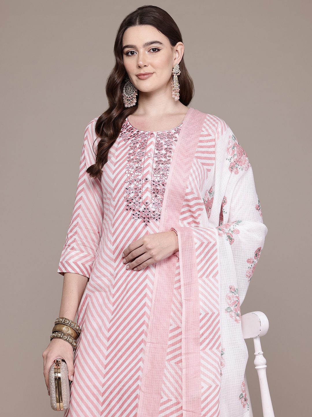 

Readiprint Printed Mirror Work Pure Cotton Kurta With Trousers & Dupatta, Mauve