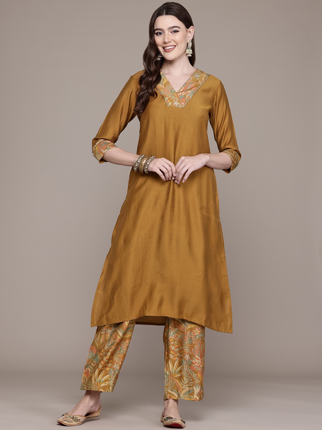 

Readiprint Floral Yoke Design Sequinned Kurta with Palazzos, Mustard