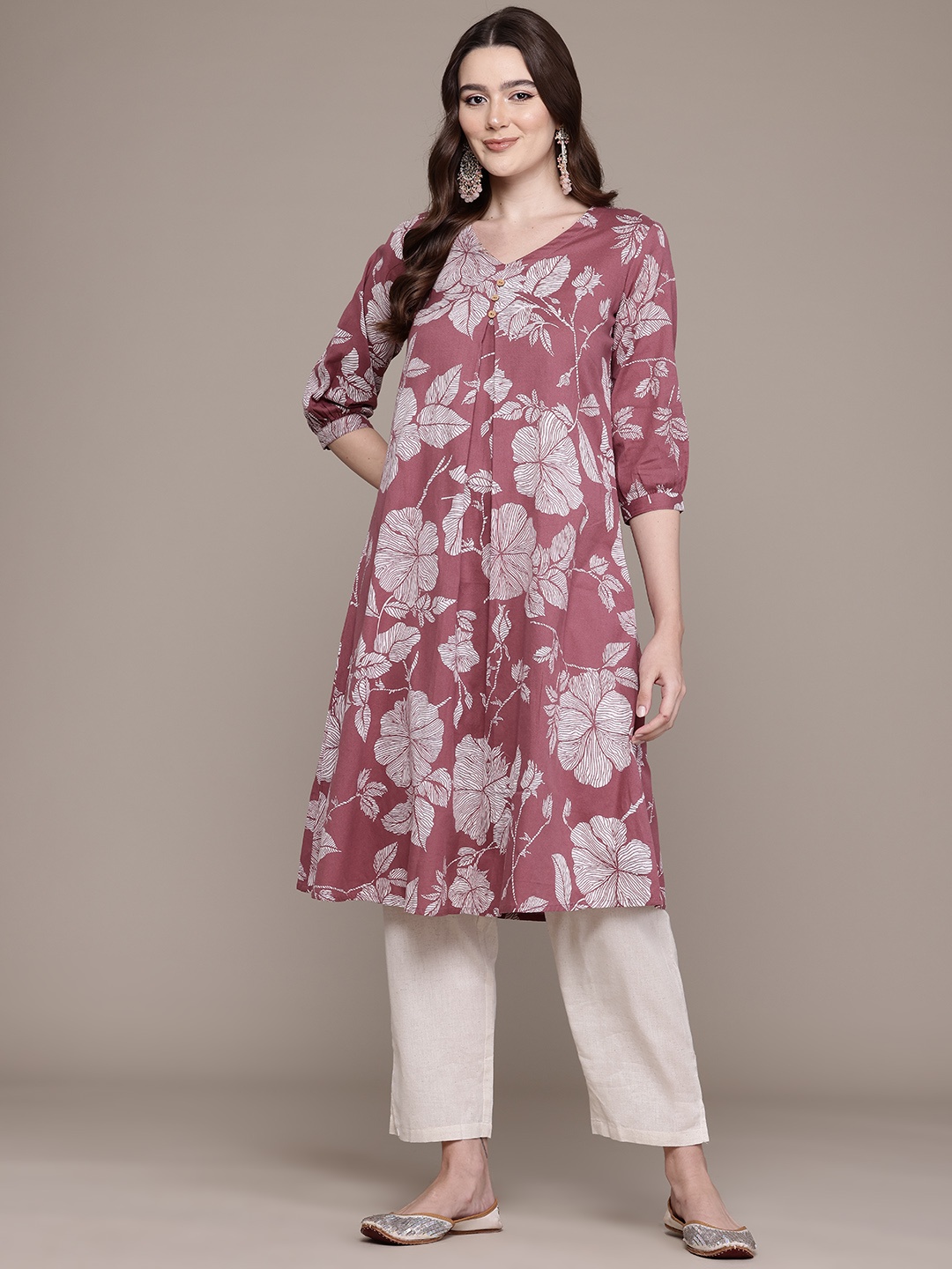 Readiprint Floral Printed Pleated Pure Cotton Kurta with Palazzos, Mauve