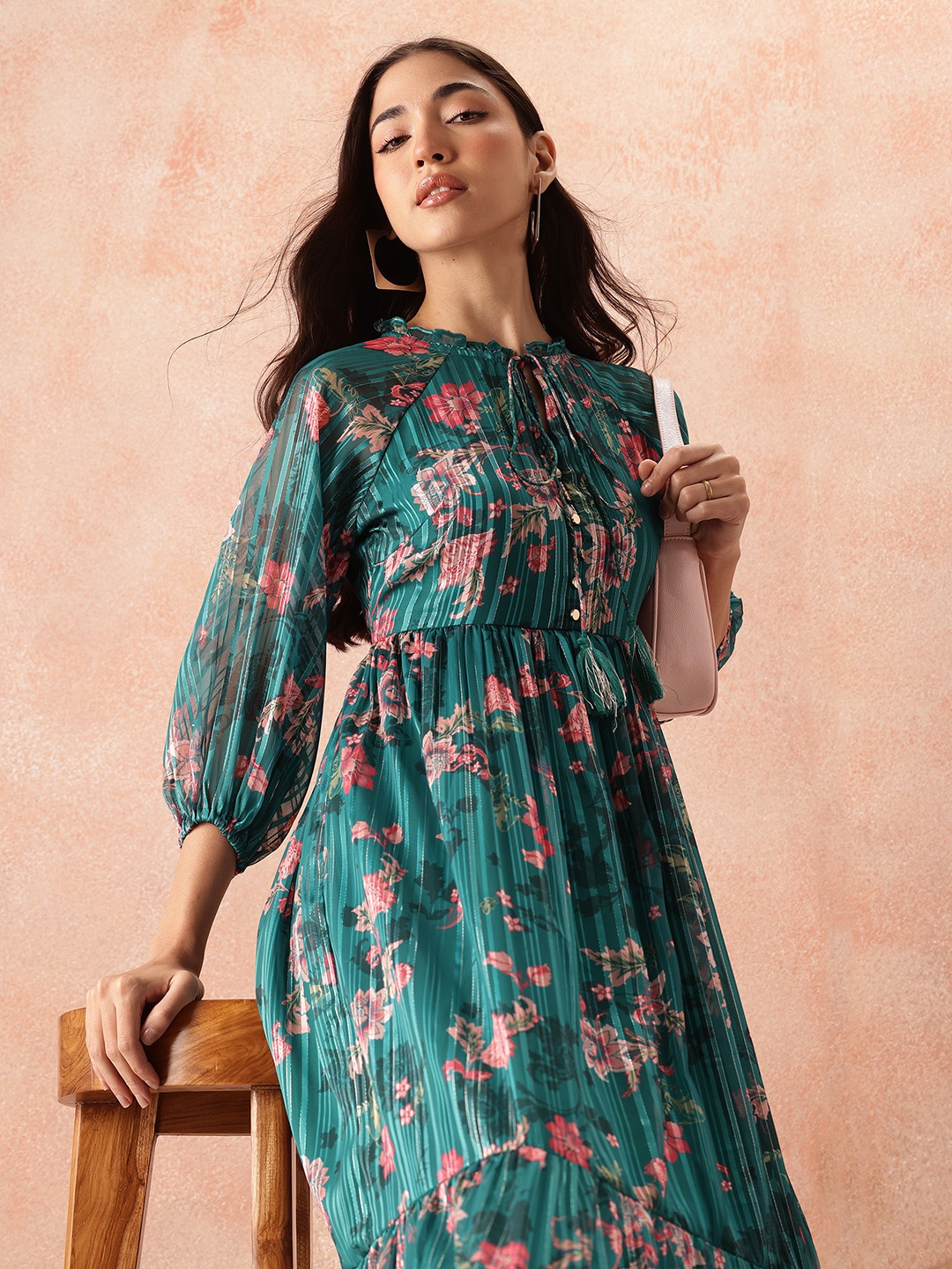 

all about you Floral Print Tie-Up Neck Puff Sleeve Fit & Flare Midi Dress, Teal