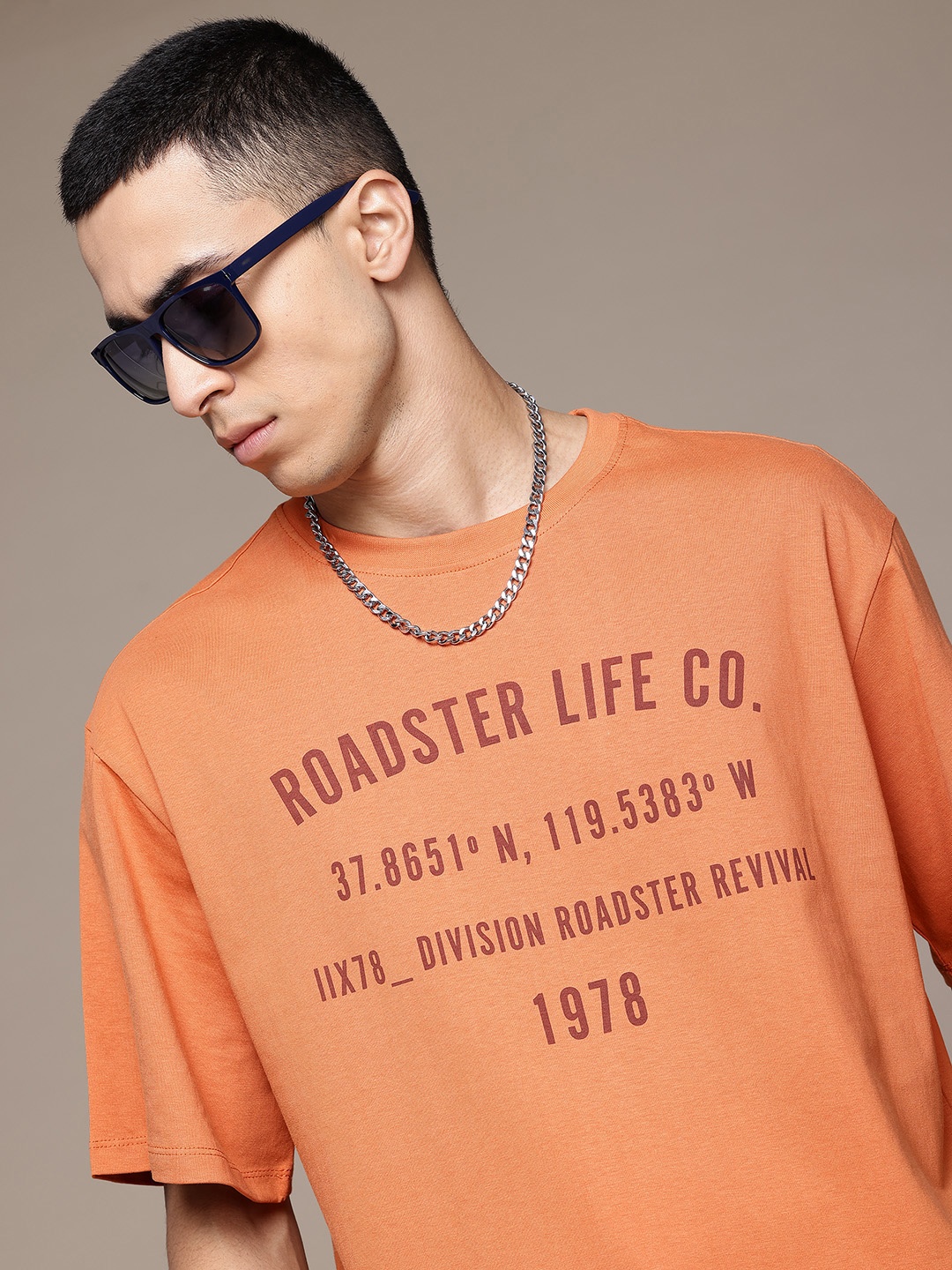 

The Roadster Lifestyle Co. Typography Printed Drop-Shoulder Sleeves Pure Cotton T-shirt, Orange