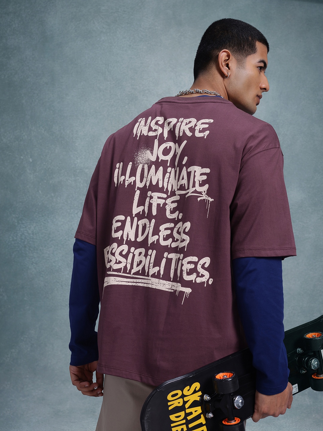 

The Roadster Life Co. Printed Drop-Shoulder Sleeves Pure Cotton Relaxed T-shirt, Burgundy
