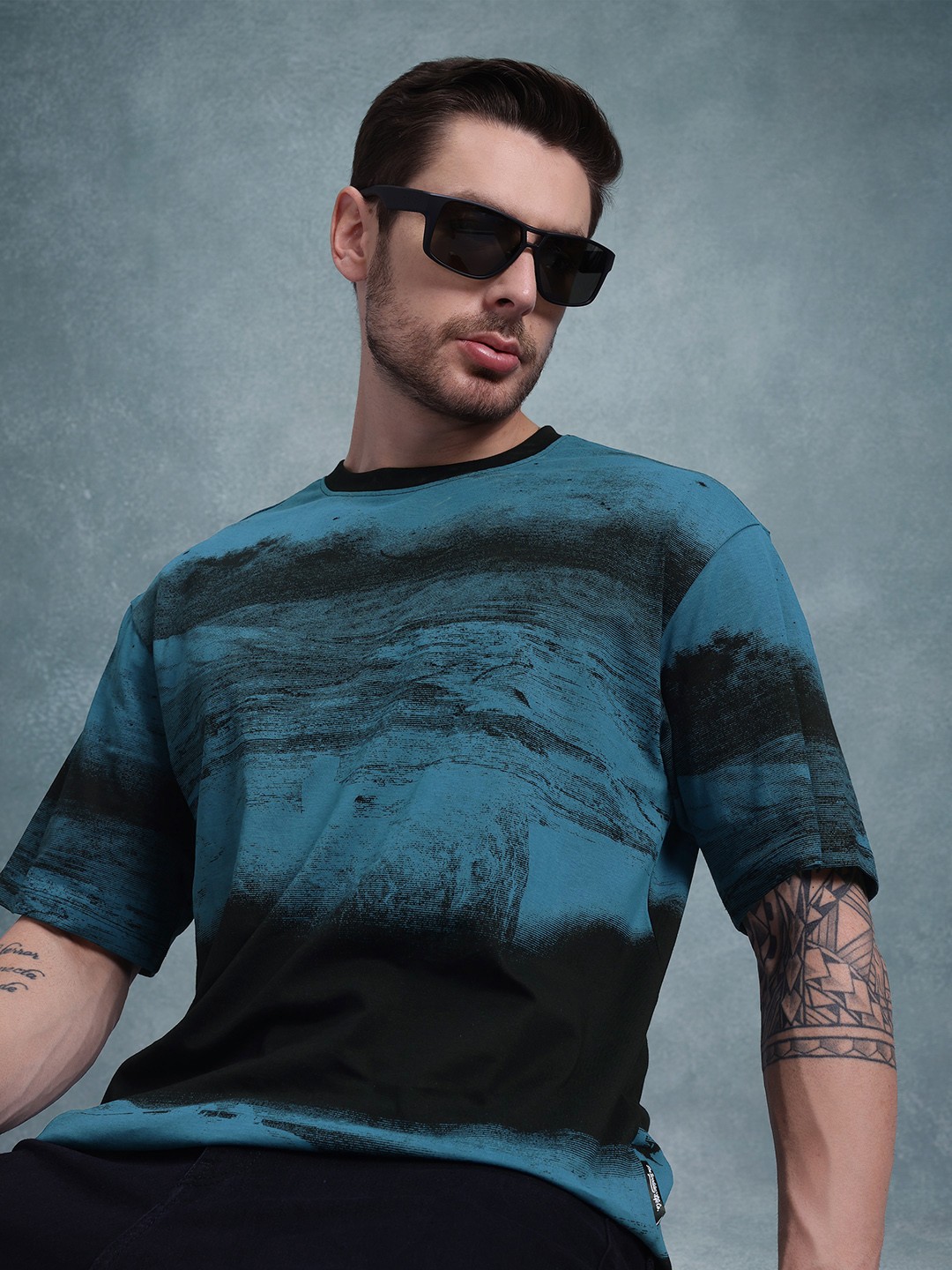 

The Roadster Life Co. Dyed Drop-Shoulder Sleeves Pure Cotton Relaxed T-shirt, Blue
