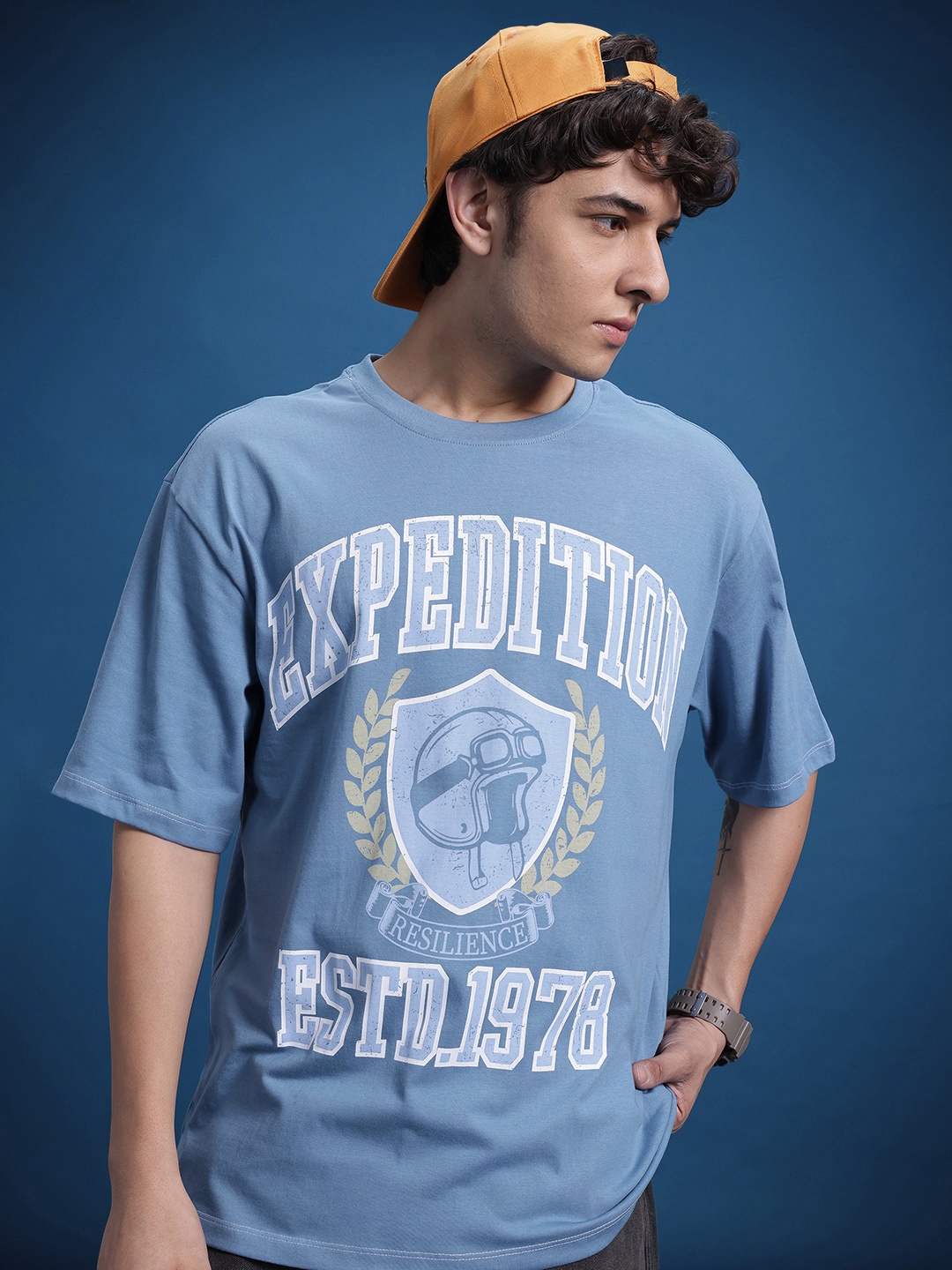 

The Roadster Life Co. Typography Printed Drop-Shoulder Sleeves Pure Cotton T-shirt, Blue