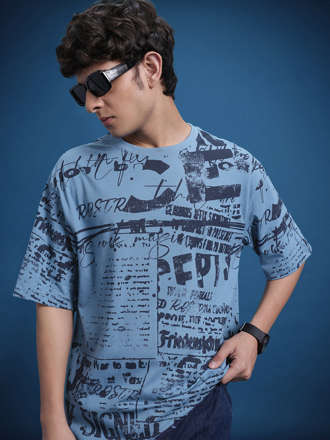 

The Roadster Life Co. Typography Printed Drop-Shoulder Sleeves Pure Cotton T-shirt, Blue