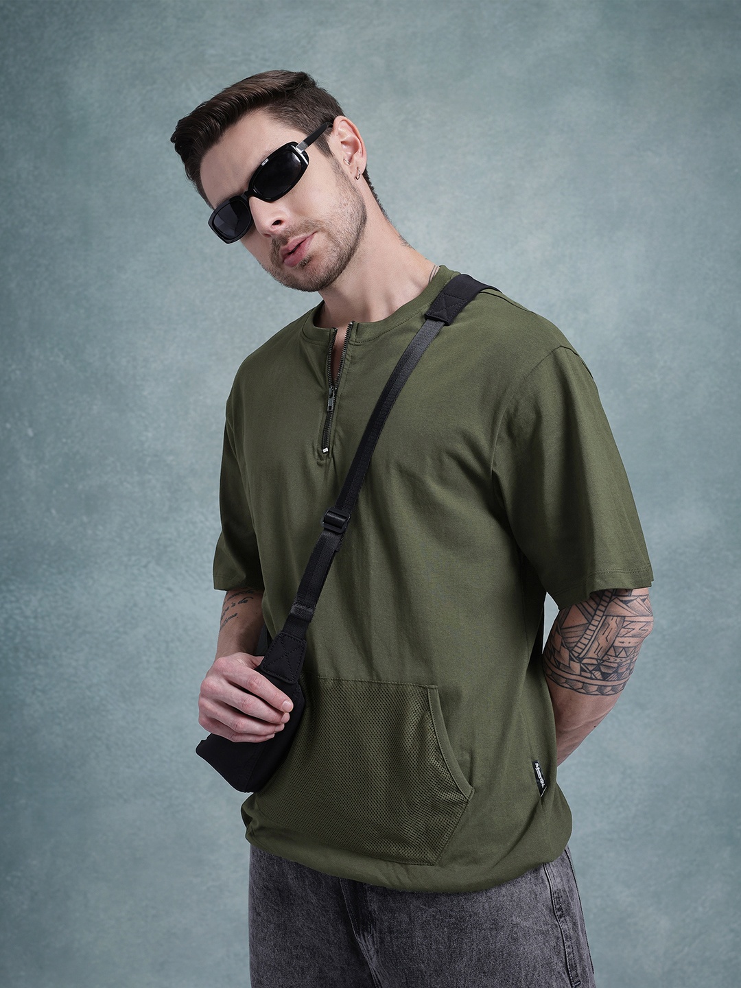 

The Roadster Life Co. Half Zipper Pure Cotton Relaxed Fit T-shirt, Olive