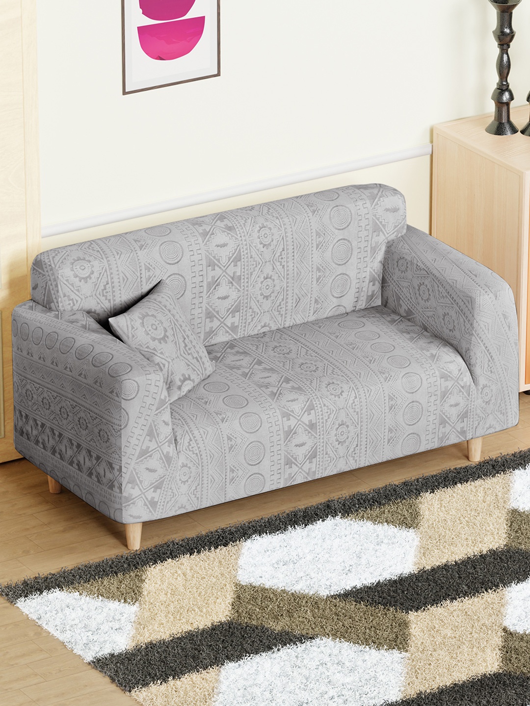 

Lukzer Grey Printed 2-Seater Sofa Cover With Arms