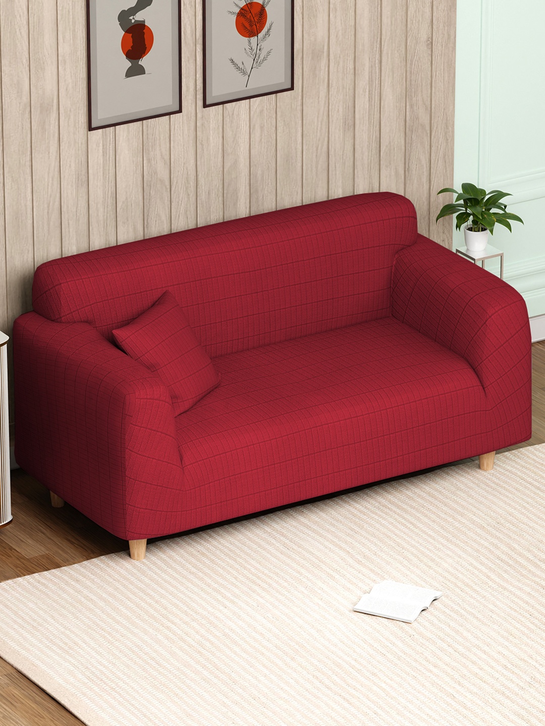 

Lukzer Red Printed Jacquard 2-Seater Sofa Cover With Arms