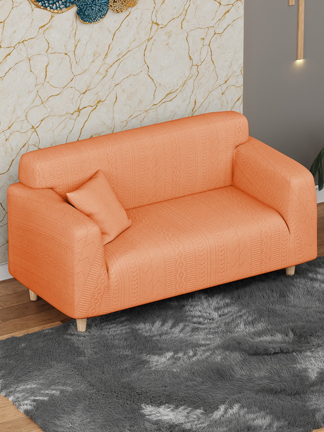 

Lukzer Orange Coloured Zigzag Pattern 2 Seater Sofa Cover With Arms