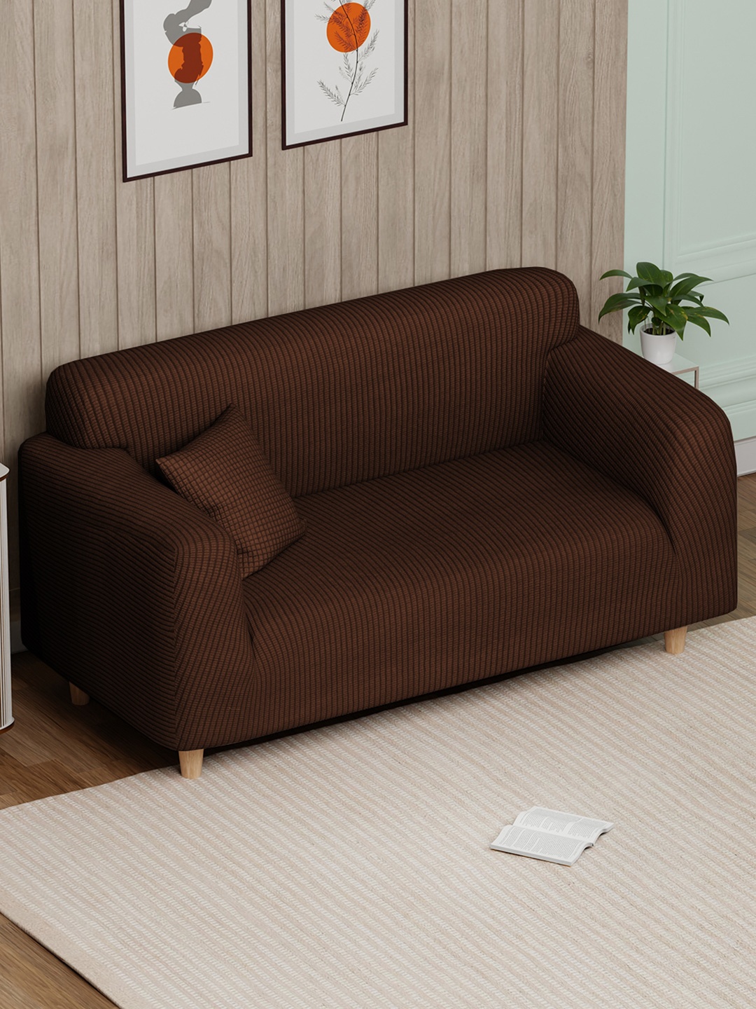 

Lukzer Brown Self Design 2-Seater Jacquard Sofa Cover With Arms