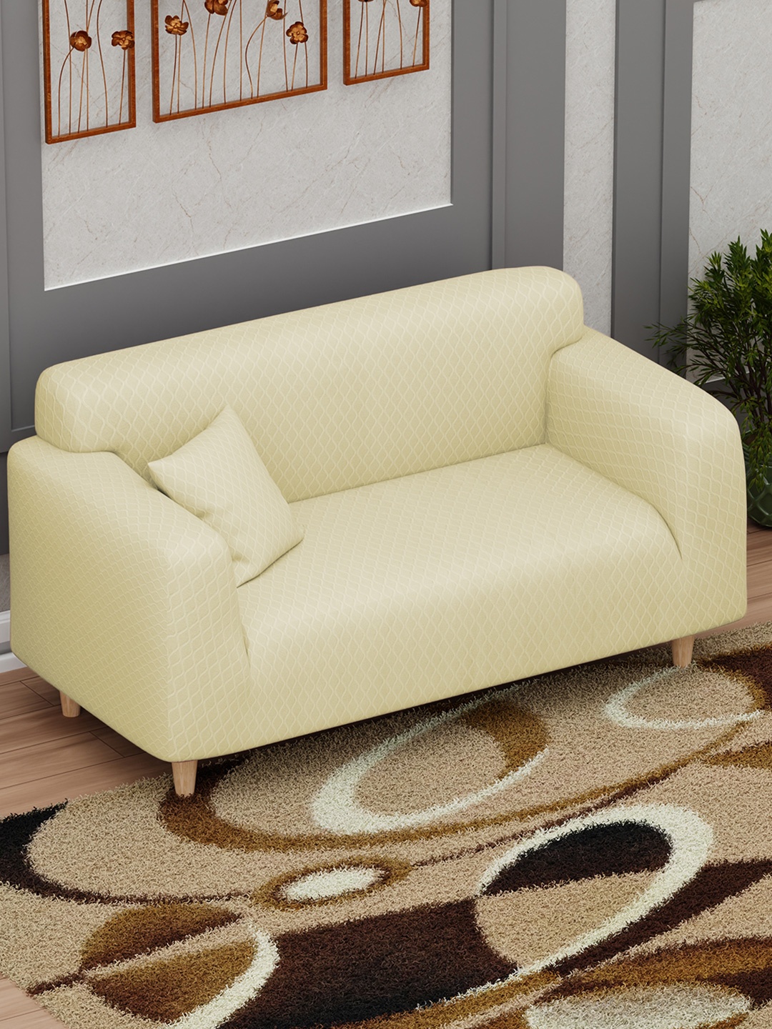 

Lukzer Yellow Printed 2-Seater Sofa Cover With Arms