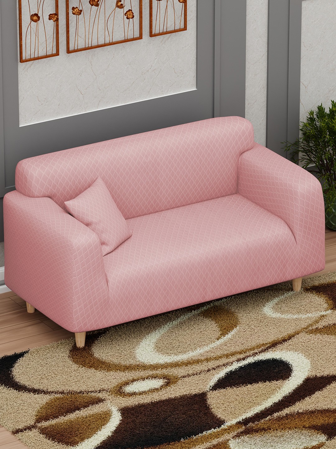 

Lukzer Pink Printed 2-Seater Sofa Cover With Arms