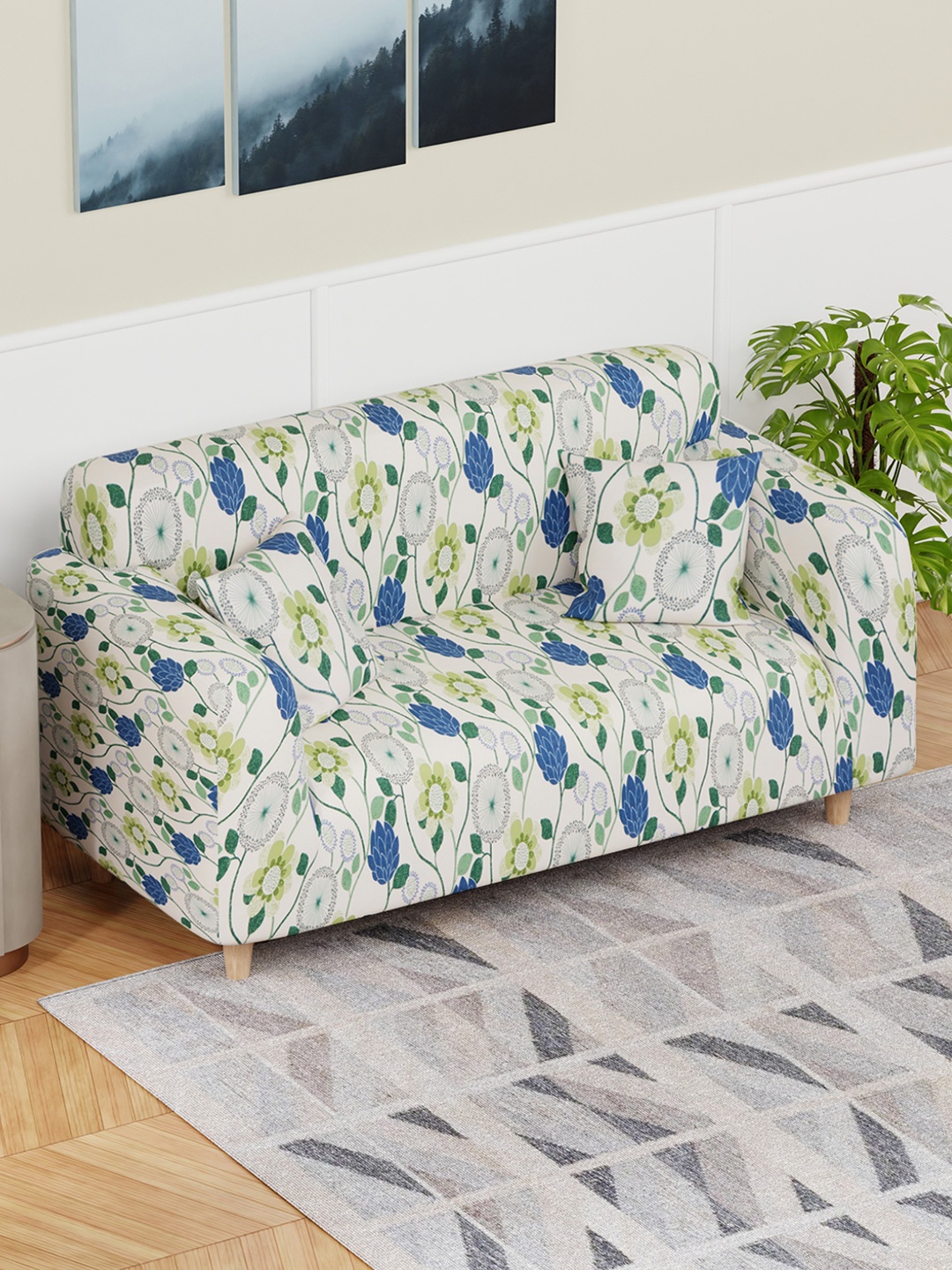 

Lukzer White and Green Floral Printed 2-Seater Sofa Cover With Arms