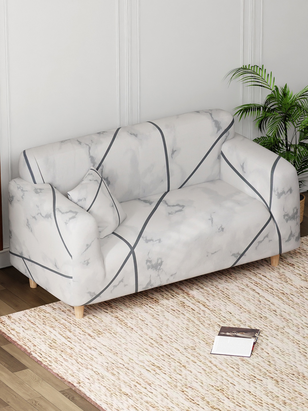 

Lukzer Grey and Black Printed 2-Seater Sofa Cover With Arms
