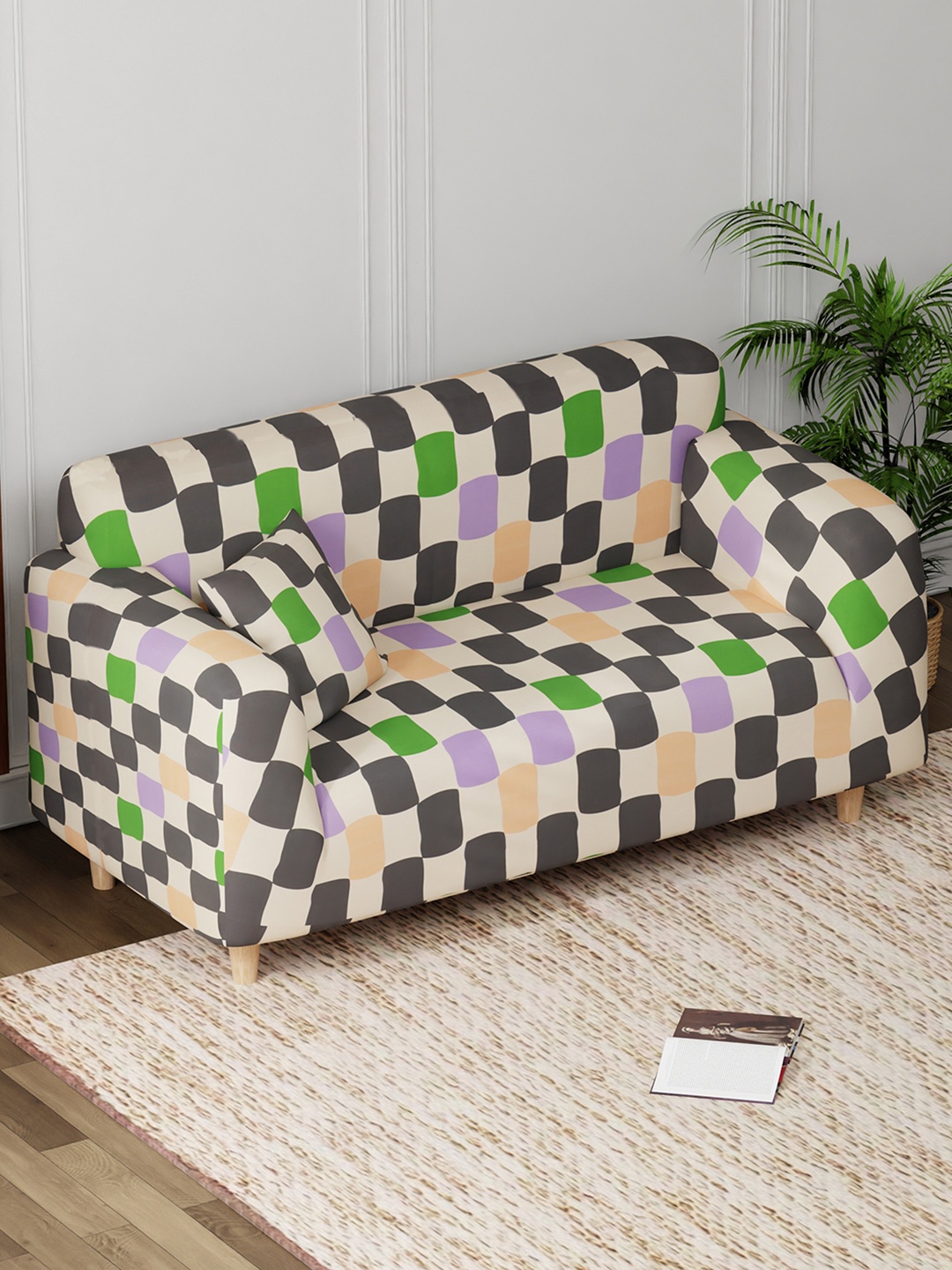 

Lukzer Beige and Black Geometric Printed 2-Seater Sofa Cover With Arms