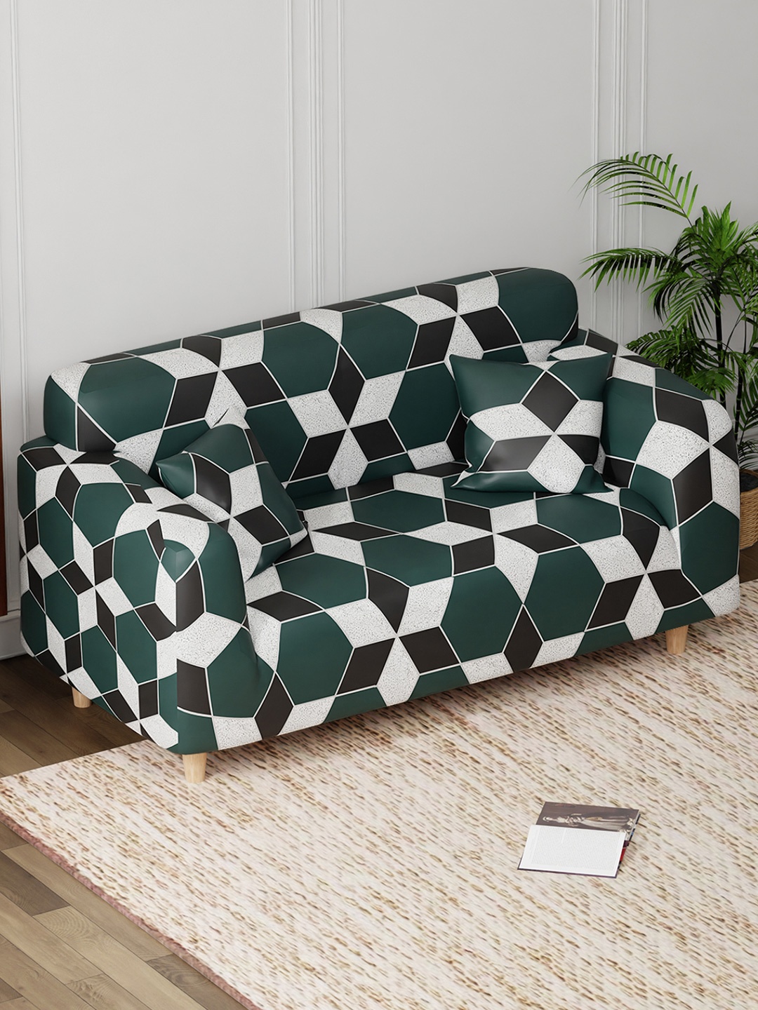 

Lukzer Green and Black Geometric Printed 2-Seater Sofa Cover With Arms