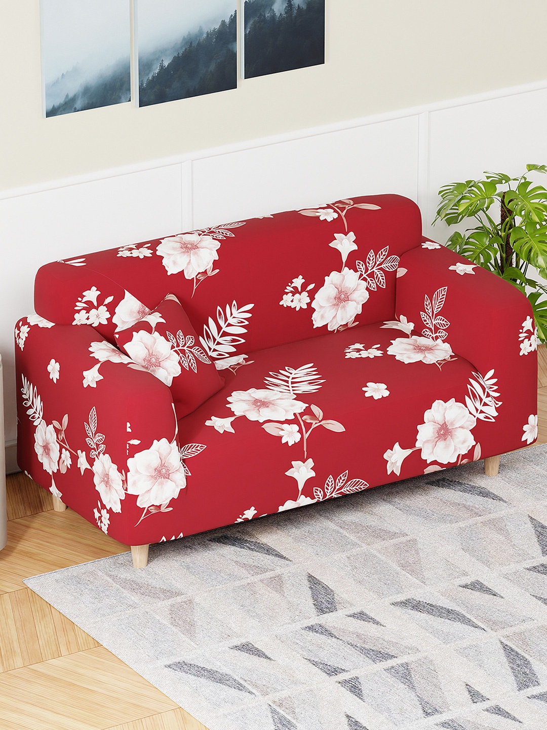 

Lukzer Red & White Floral Printed 2 Seater Sofa Cover With Arms