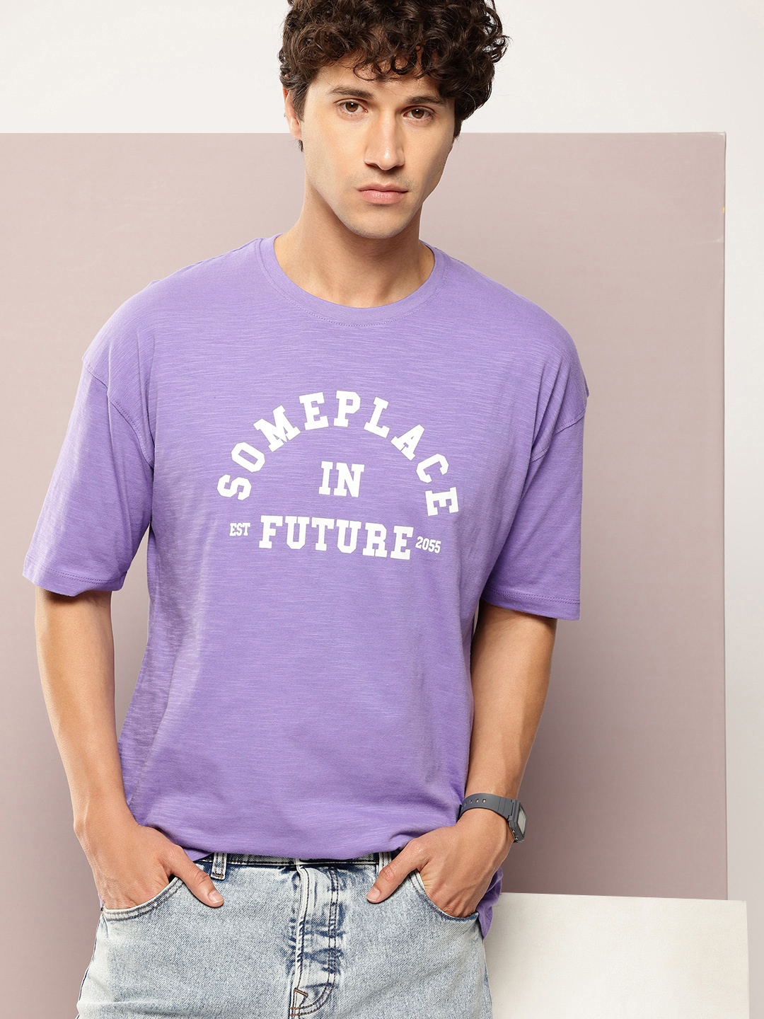 

Kook N Keech Men Typography Printed Oversized Pure Cotton T-shirt, Lavender