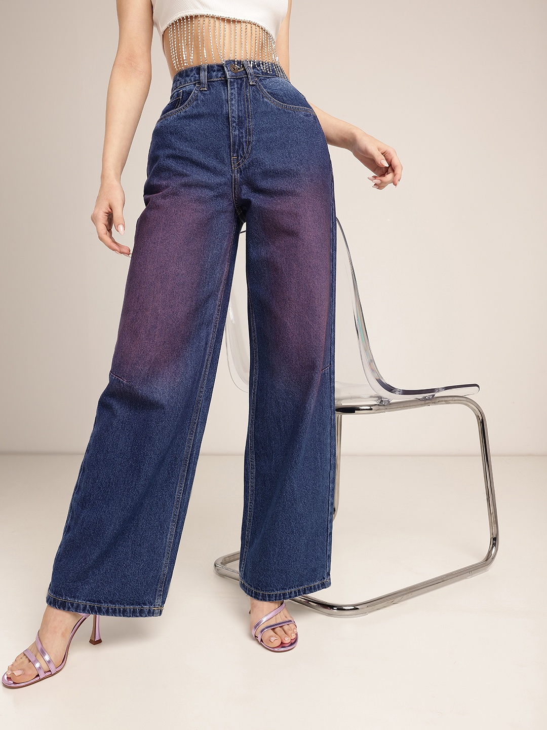 

glitchez Women Street Glam Baggy Wide Leg High-Rise Light Fade Jeans, Blue