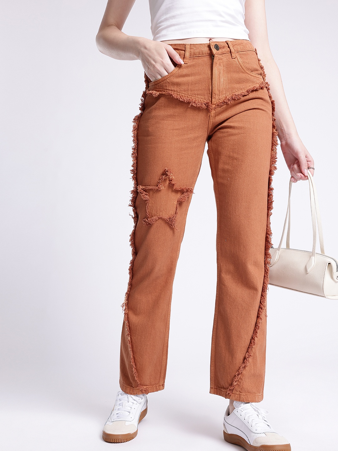 

glitchez Women Cool Vibe Frayed Detail Straight Fit Jeans, Rust