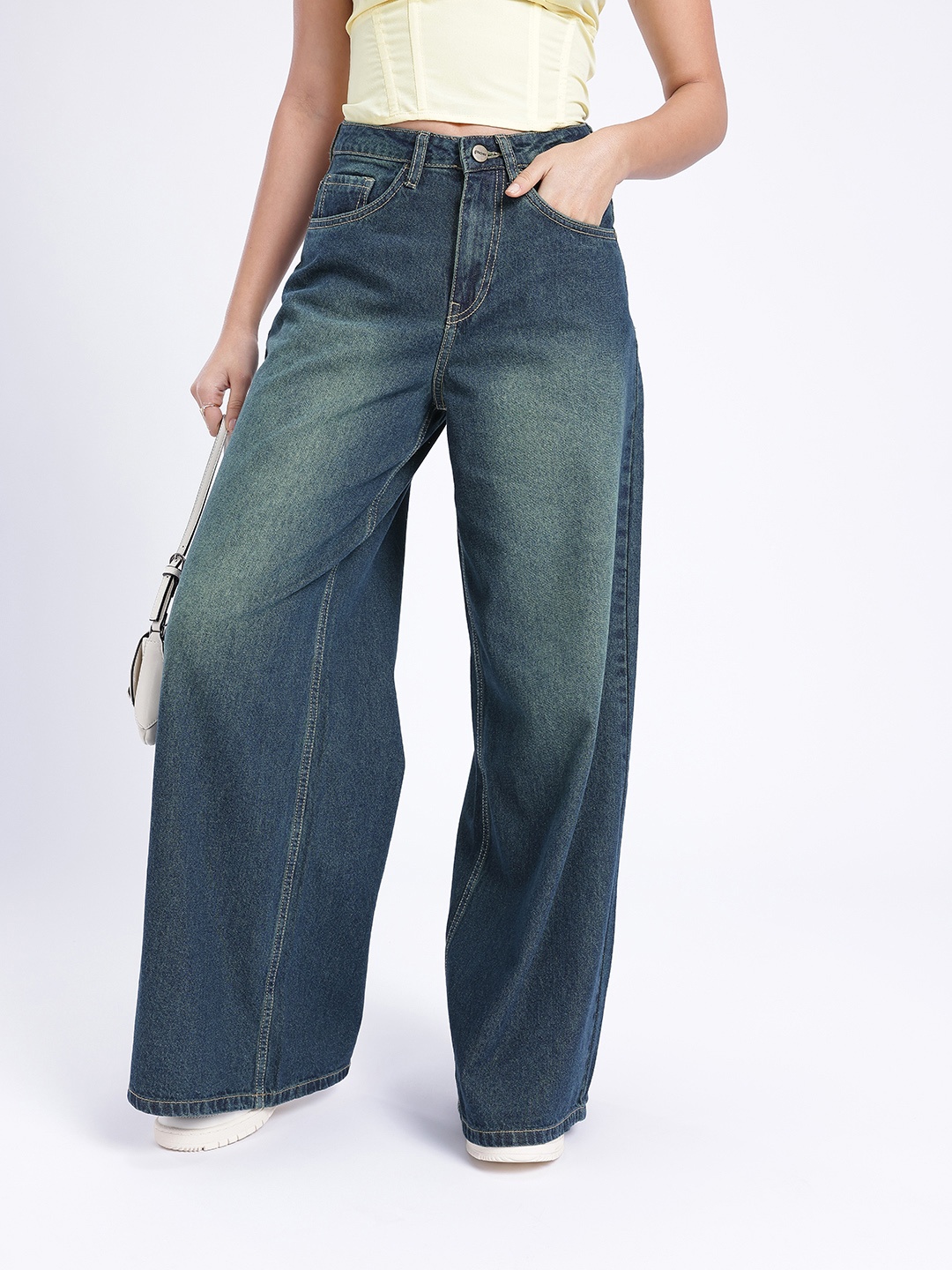 

glitchez Women Cool Edge Palazzo Fit Heavy Fade Jeans, Blue