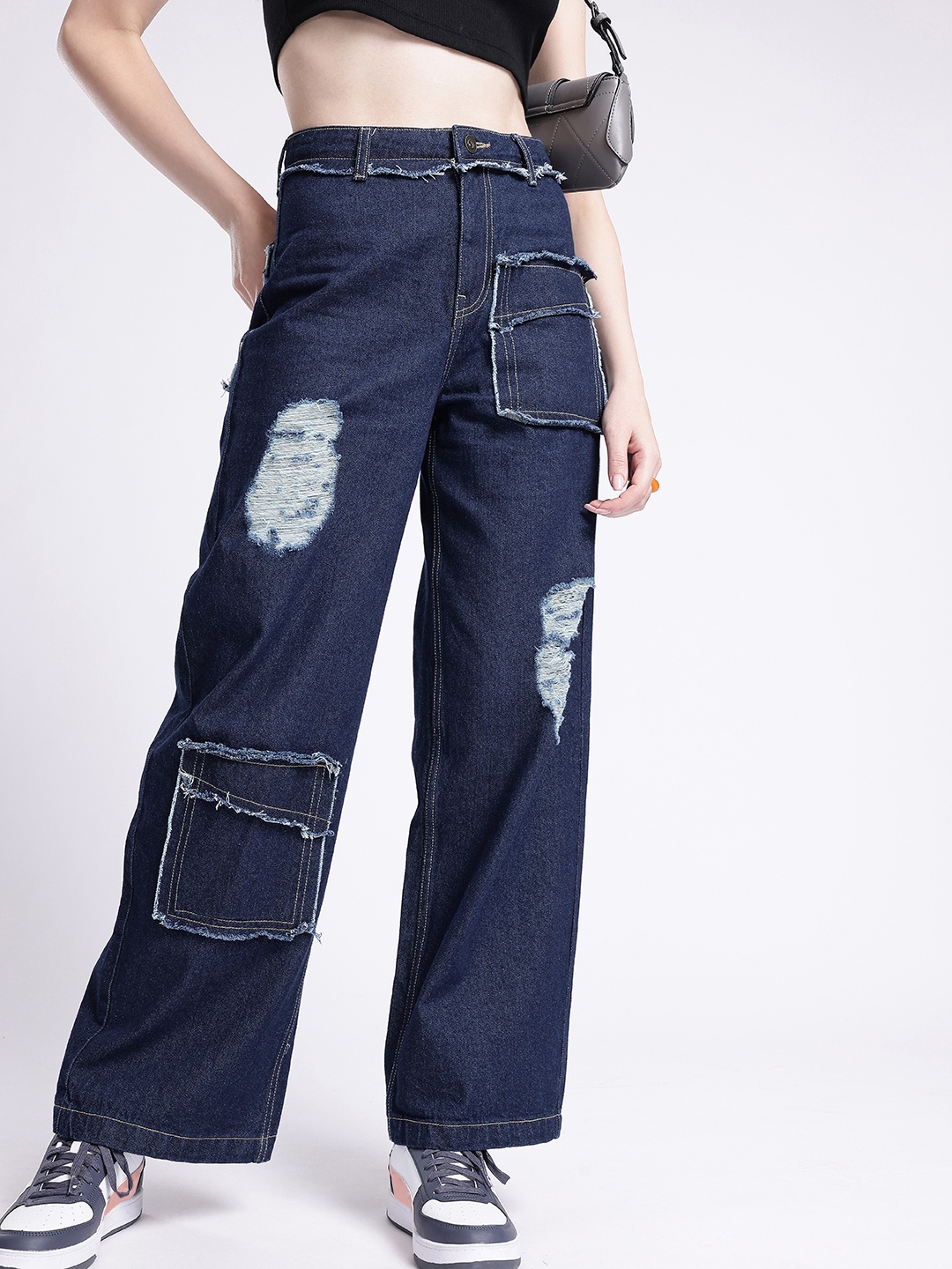 

glitchez Women Edgy Cool 90's Baggy Fit Frayed Detail Mildly Distressed High-Rise Jeans, Blue