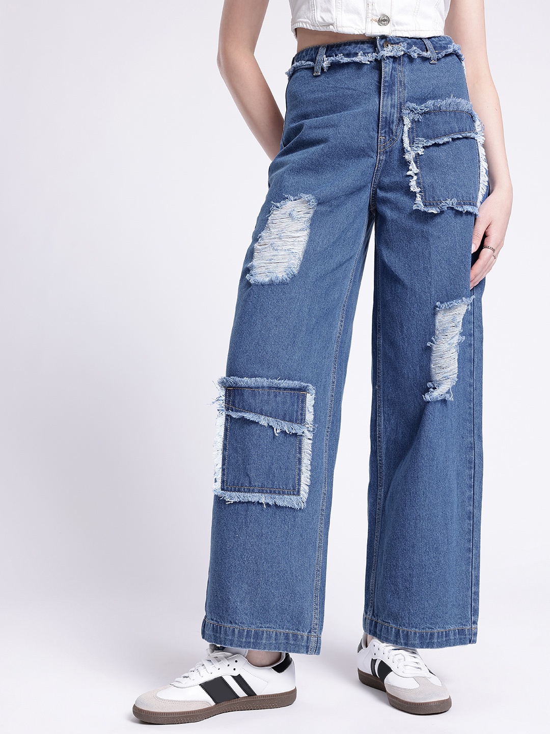 

glitchez Women Edgy Cool 90's Baggy Fit Frayed Detail Mildly Distressed High-Rise Jeans, Blue