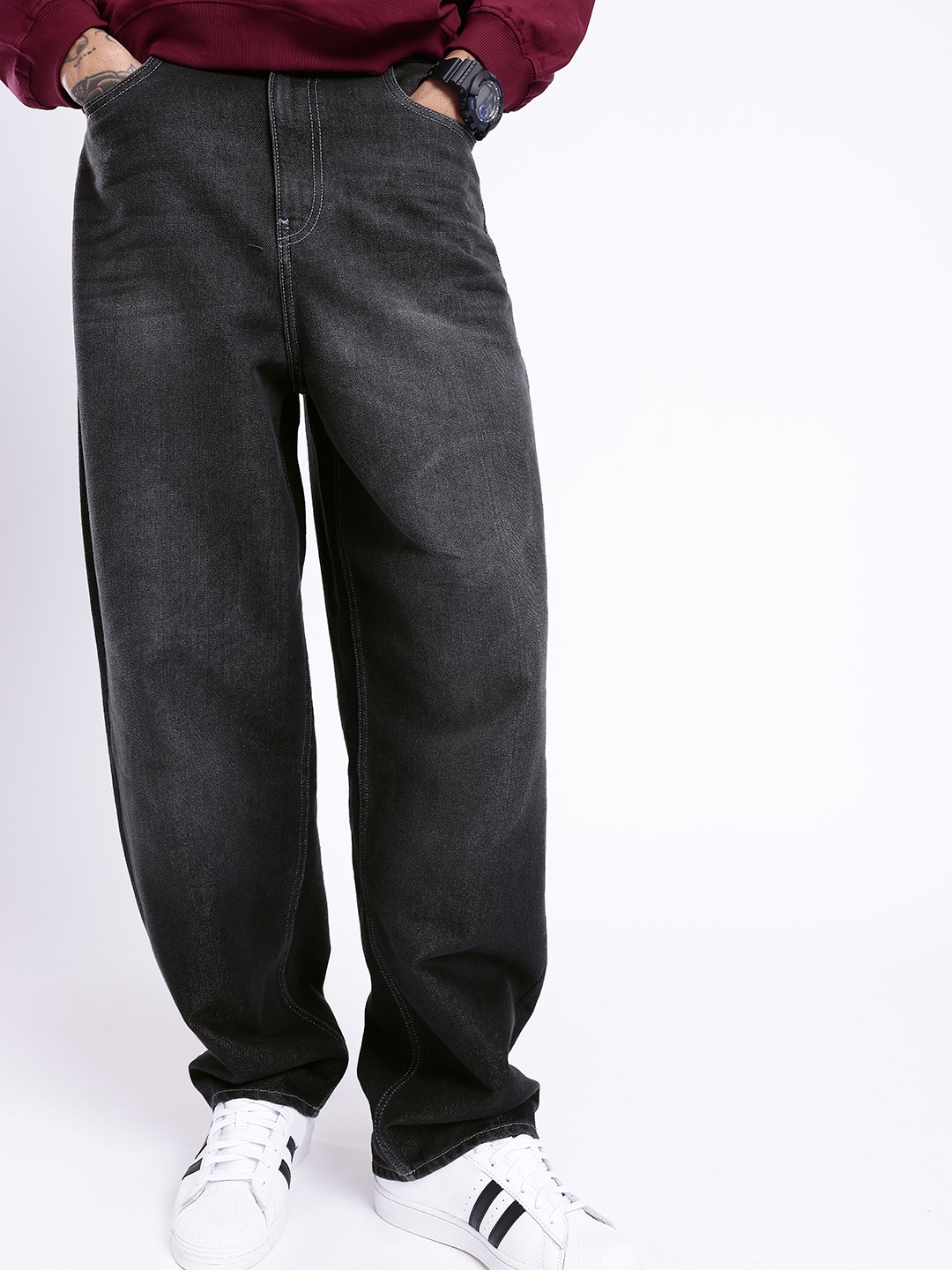 

glitchez Men 90's Revival Loose Baggy Fit Light Fade Jeans, Black