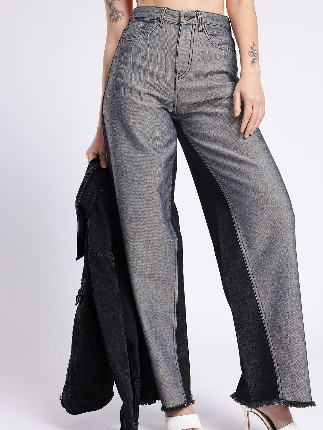 

glitchez Women Contrasted Chic Baggy High-Rise Jeans, Grey