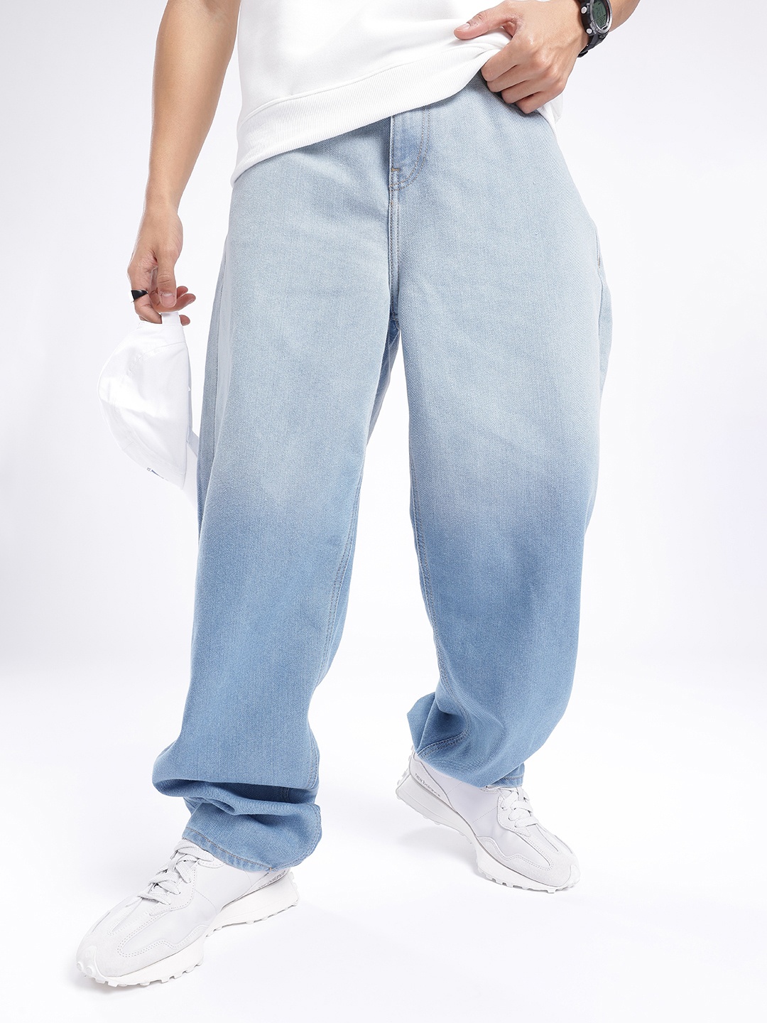 glitchez Men 90's Revival Loose Fit Heavy Fade Jeans, Blue